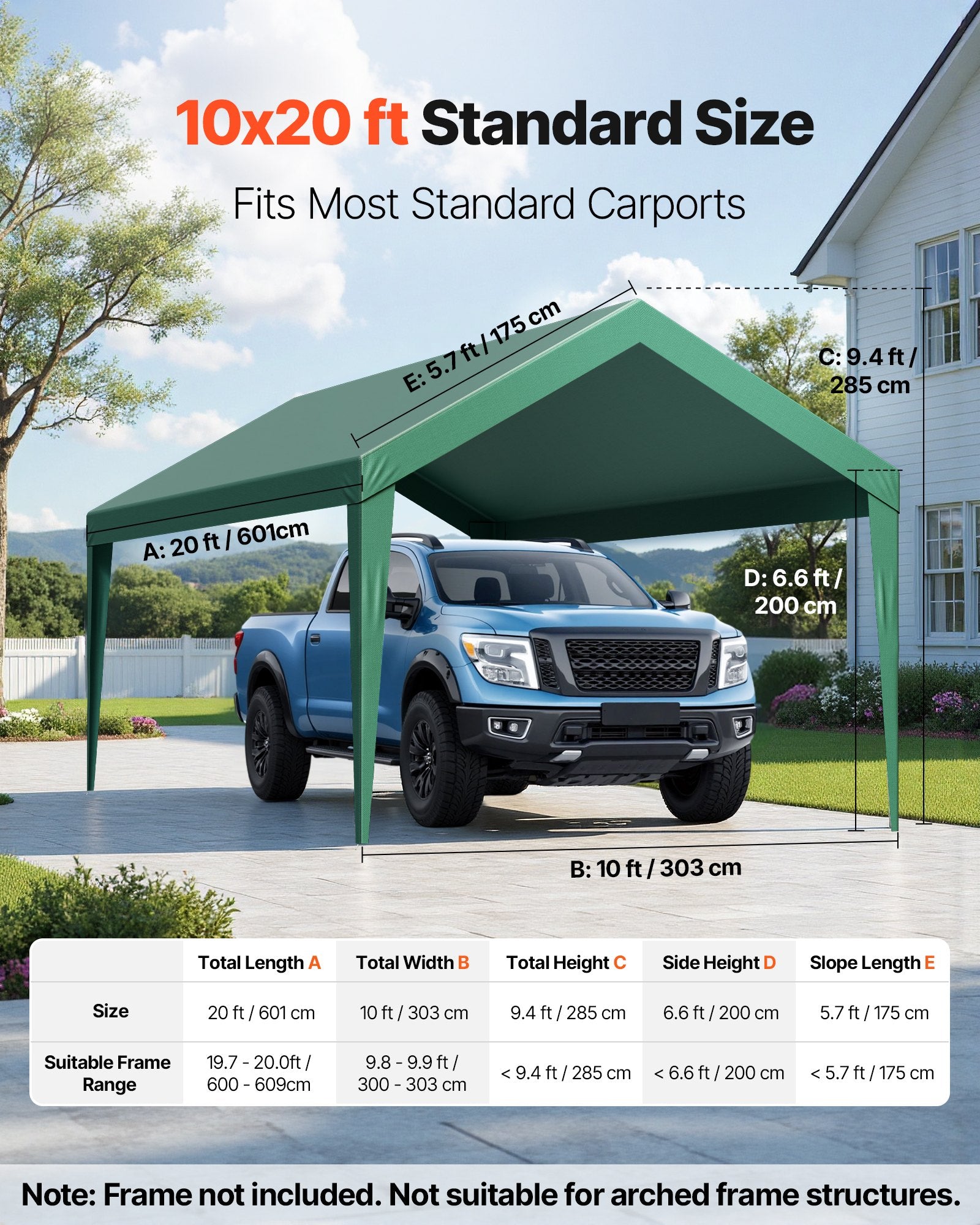 Carport Replacement Canopy, 6 x 3 m Potable Garage Tent Top Tarp, UV-Resistant & Waterproof Car Shelter Tarp, V952-CKPB10X20FTMSHGRL001V0