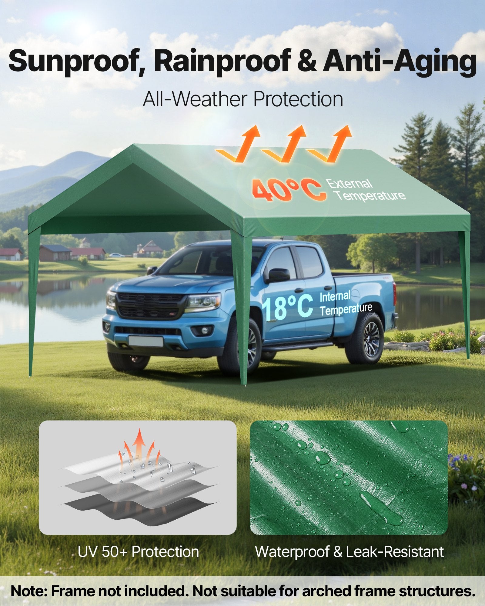 Carport Replacement Canopy, 6 x 3 m Potable Garage Tent Top Tarp, UV-Resistant & Waterproof Car Shelter Tarp, V952-CKPB10X20FTMSHGRL001V0