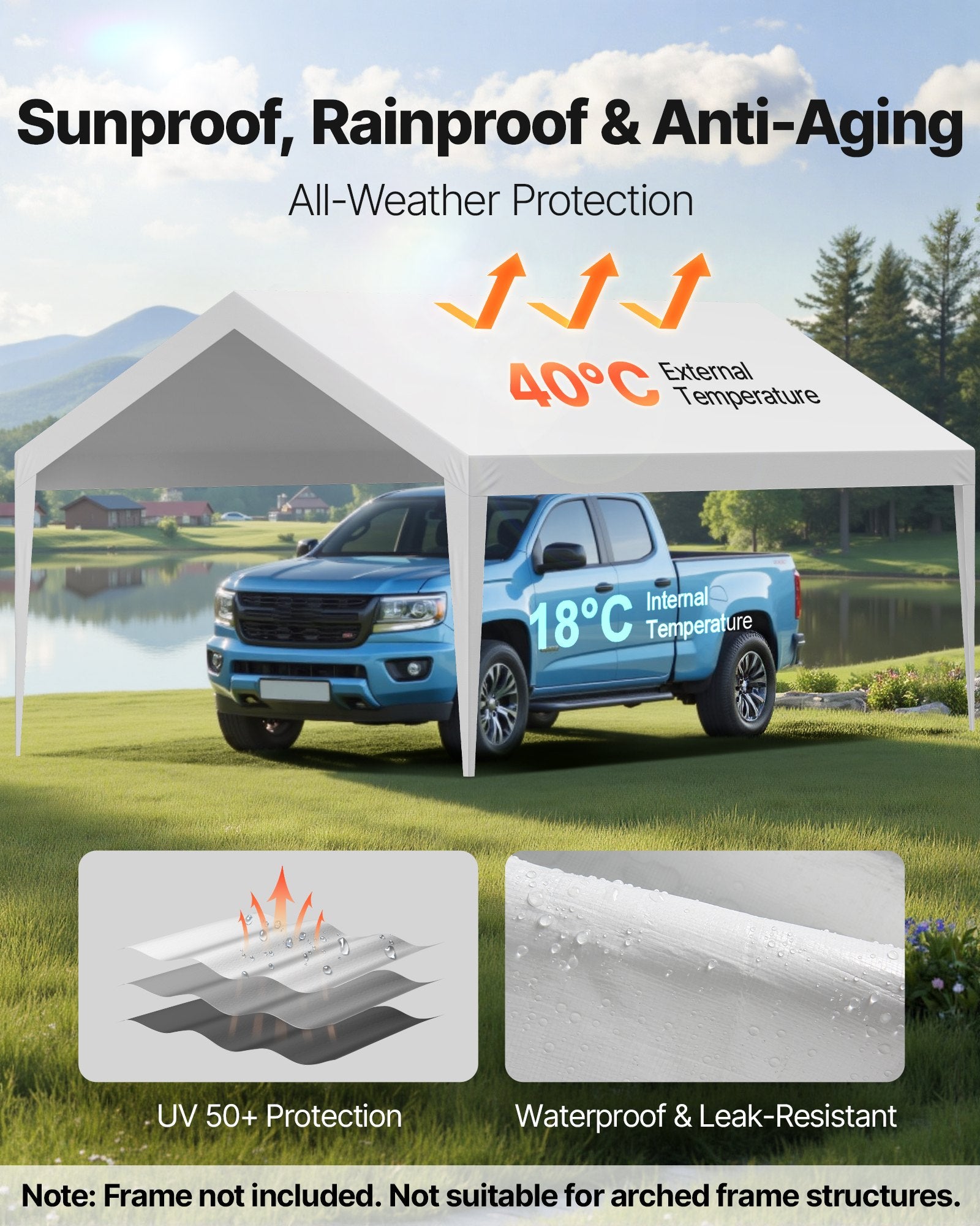 Carport Replacement Canopy, 6 x 3.6 m Potable Garage Tent Top Tarp, UV-Resistant & Waterproof Car Shelter V952-CKPB12X20FTBB7CQI001V0