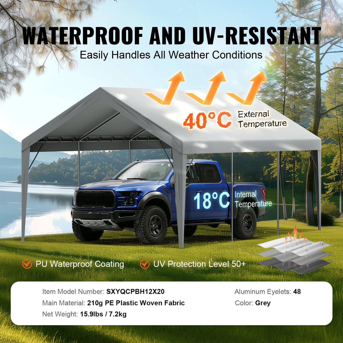 Carport Replacement Canopy Cover 12 x 20 ft, Garage Top Tent Shelter Tarp Heavy-Duty Waterproof & UV V952-CKPB12X20FTH7X9QGV0
