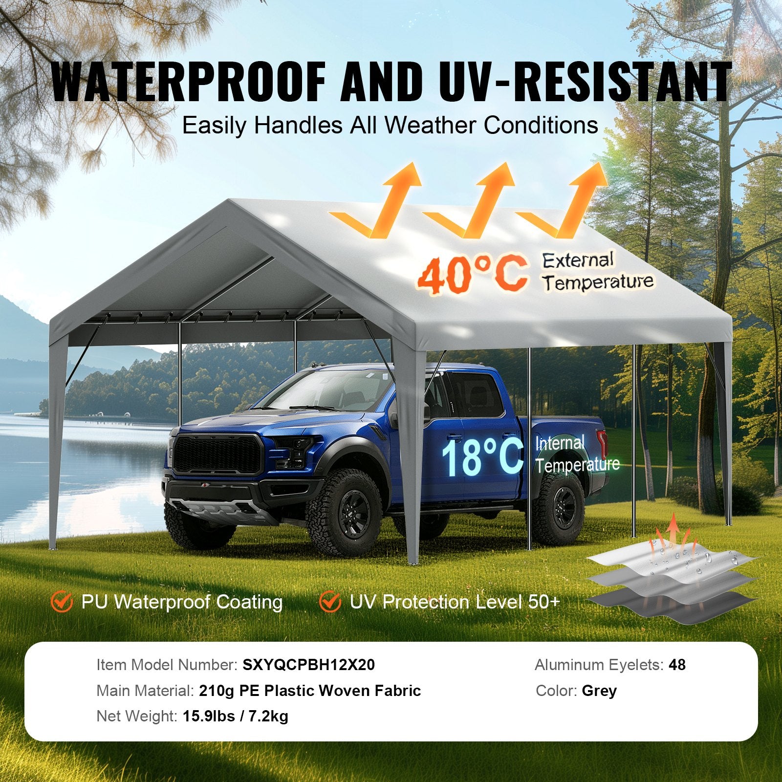 Carport Replacement Canopy Cover 12 x 20 ft, Garage Top Tent Shelter Tarp Heavy-Duty Waterproof & UV V952-CKPB12X20FTH7X9QGV0