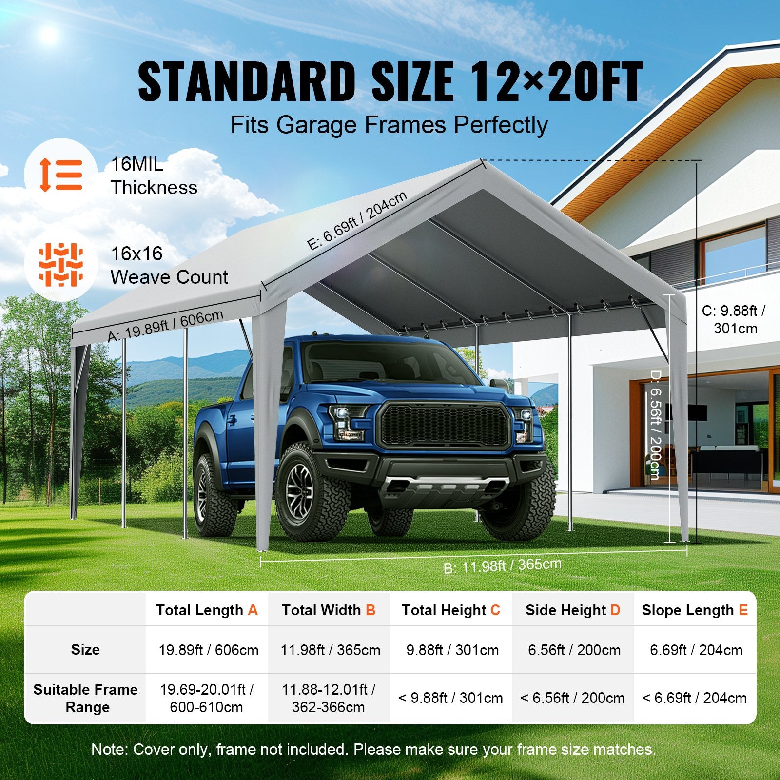 Carport Replacement Canopy Cover 12 x 20 ft, Garage Top Tent Shelter Tarp Heavy-Duty Waterproof & UV V952-CKPB12X20FTH7X9QGV0