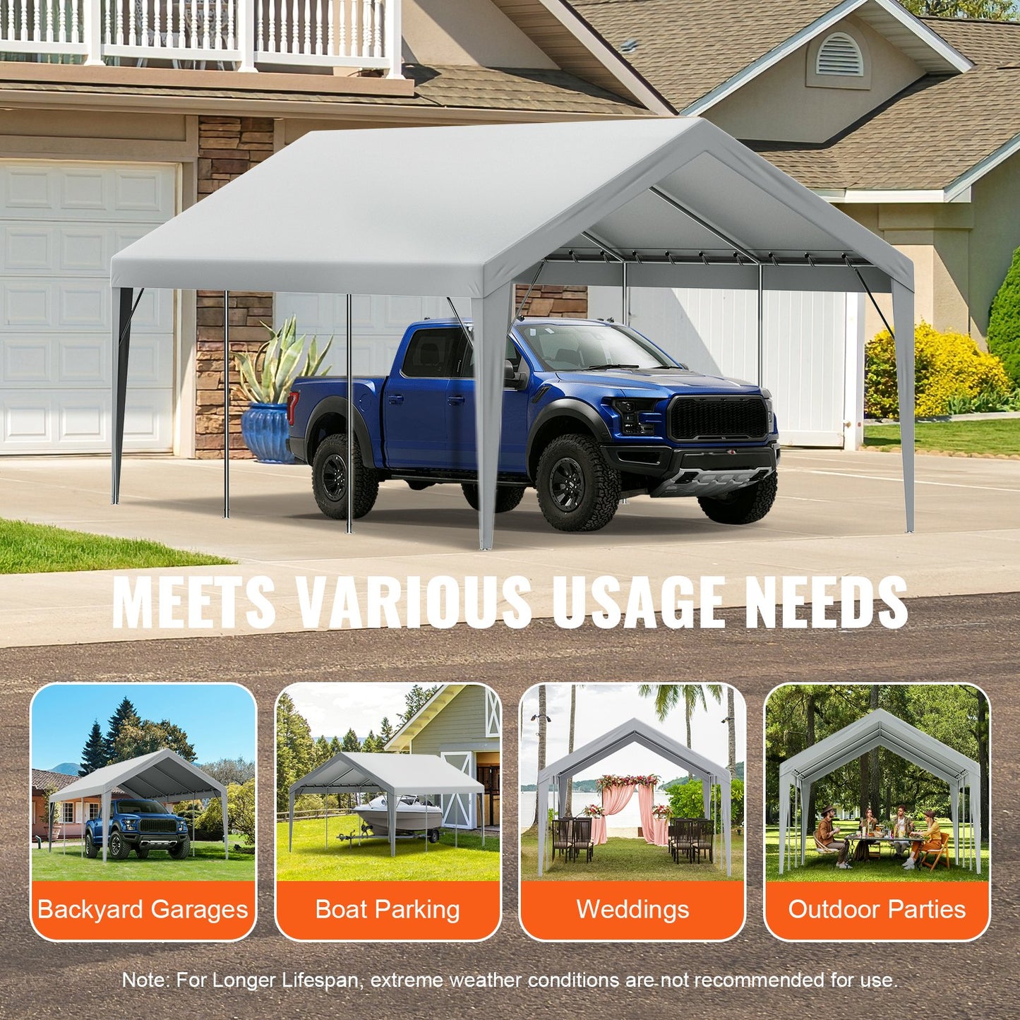 Carport Replacement Canopy Cover 12 x 20 ft, Garage Top Tent Shelter Tarp Heavy-Duty Waterproof & UV V952-CKPB12X20FTH7X9QGV0