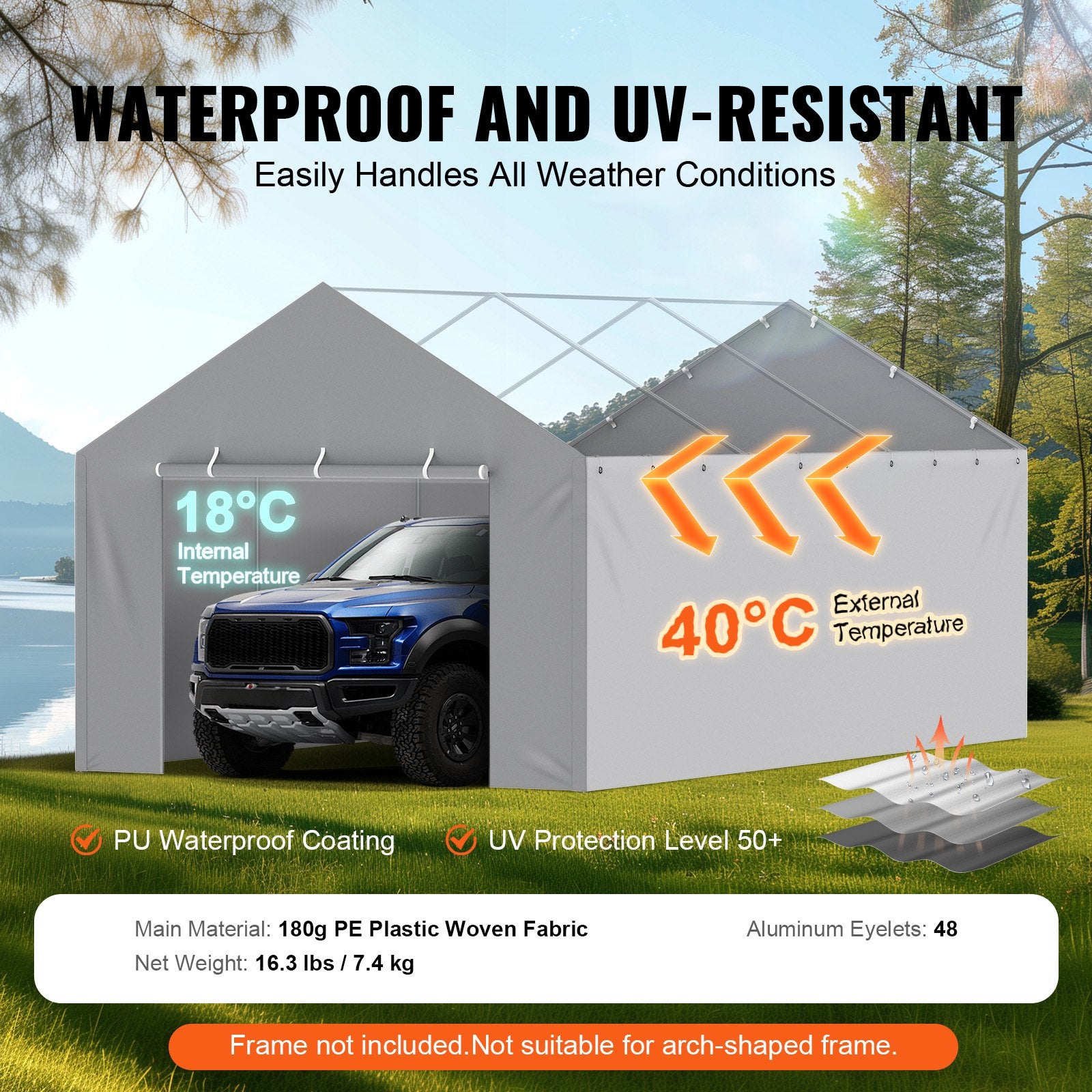 Carport Replacement Canopy Cover Side Wall 6 x 3.6 m, Garage Tent Shelter Tarp Heavy-Duty Waterproof & UV V952-CKPB12X20FTHJ9ULEV0