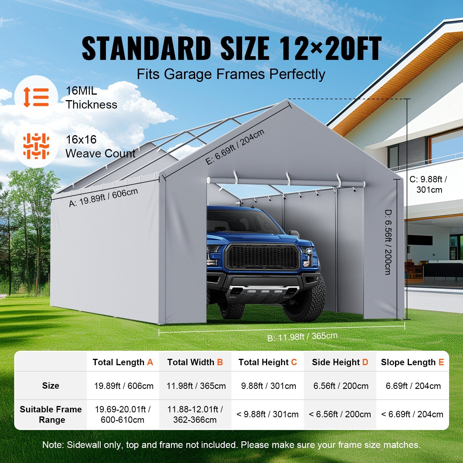 Carport Replacement Canopy Cover Side Wall 6 x 3.6 m, Garage Tent Shelter Tarp Heavy-Duty Waterproof & UV V952-CKPB12X20FTHJ9ULEV0