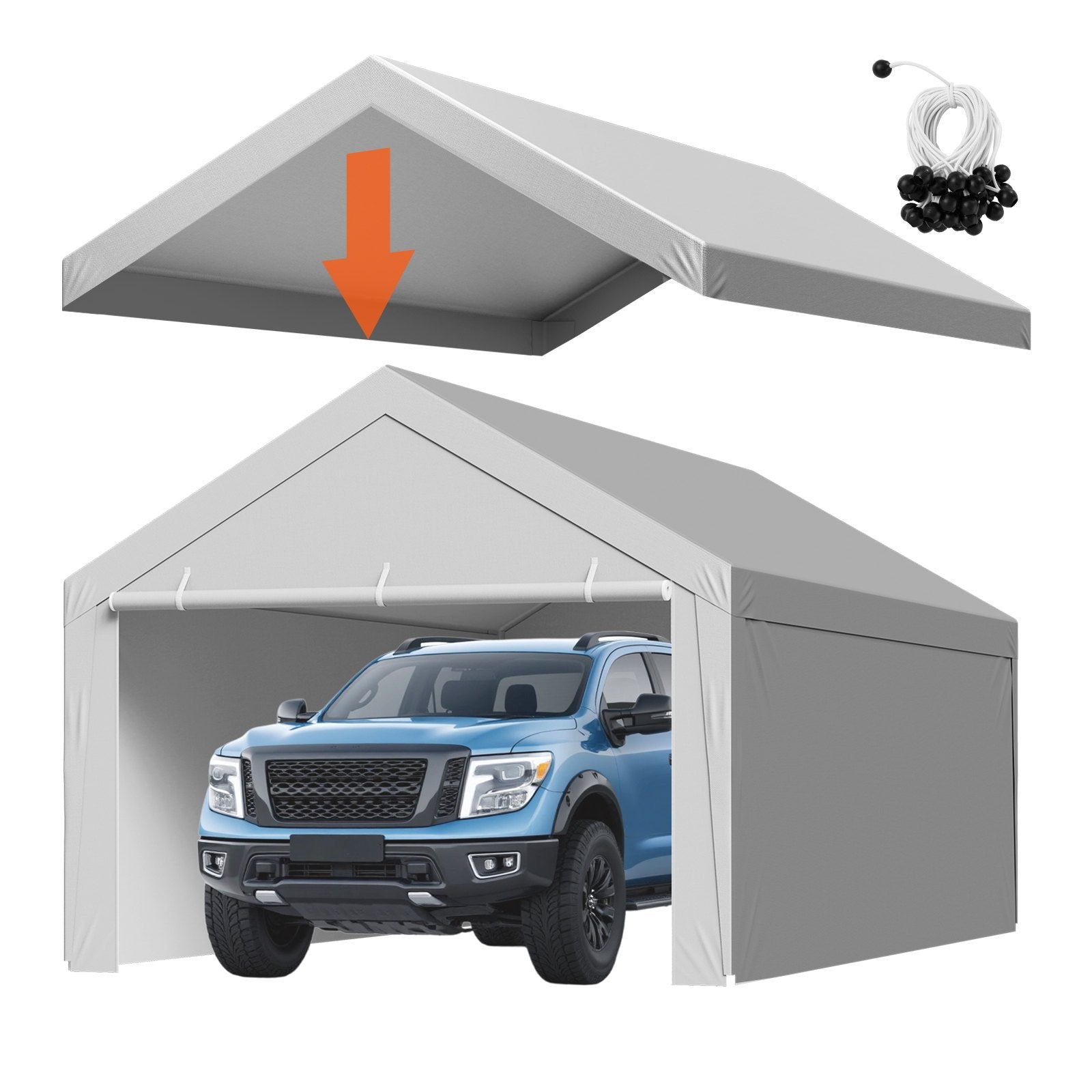 Carport Replacement Canopy, 6x 3.6 m Potable Garage Tent Top Tarp with Sidewalls, UV-Resistant & Waterproof, V952-CKPB12X20FTHX72QR001V0
