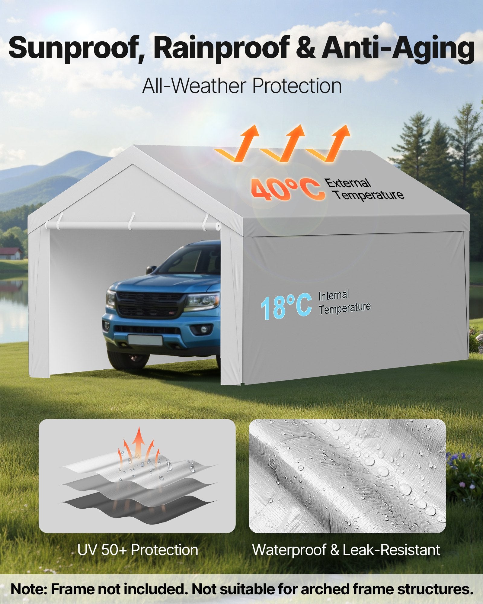Carport Replacement Canopy, 6x 3.6 m Potable Garage Tent Top Tarp with Sidewalls, UV-Resistant & Waterproof, V952-CKPB12X20FTHX72QR001V0