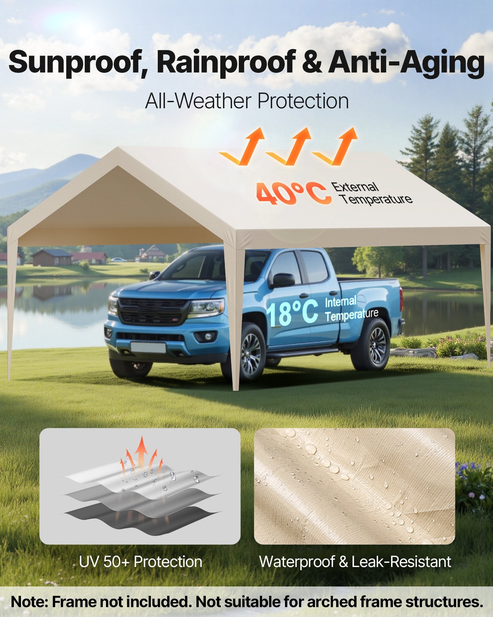 Carport Replacement Canopy, 6 x 3.6 m Potable Garage Tent Top Tarp, UV-Resistant & Waterproof Car Shelter V952-CKPB12X20FTM4VTAY001V0