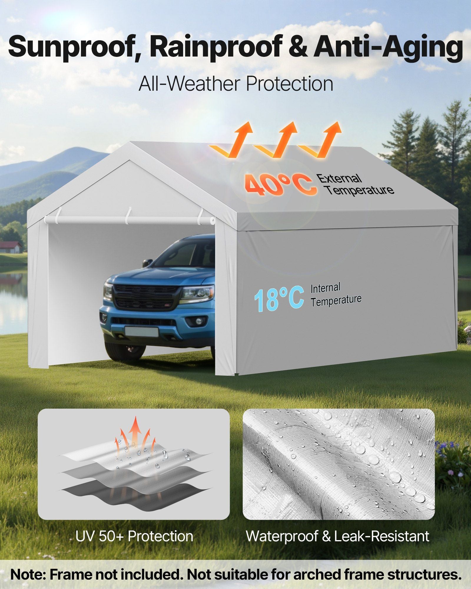 Carport Replacement Canopy, 6 x 4 m Potable Garage Tent Top Tarp with Sidewalls, UV-Resistant & Waterproof, V952-CKPB13X20FTHFHUUD001V0