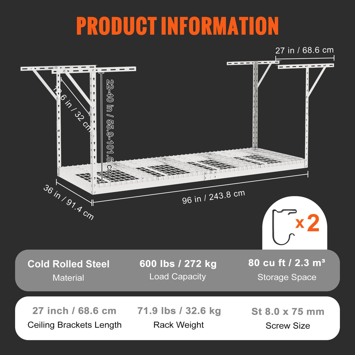 Overhead Garage Storage Rack, 91.44x243.84cm Garage Ceiling Storage Racks, Heavy Duty Adjustable Cold Rolled V952-CKTHBCWJZBS36S0MYV0