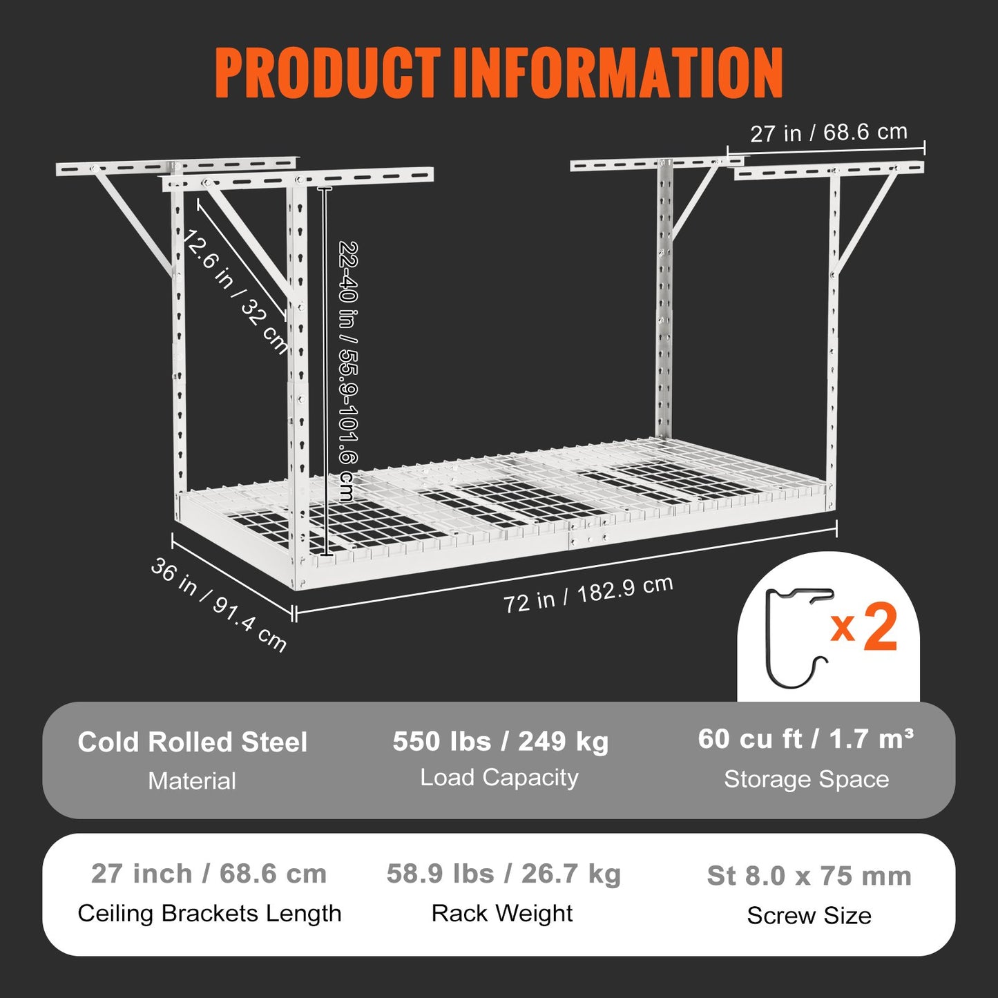 Overhead Adjustable Garage Storage Rack 36x72in Ceiling Rack 550lbs White V952-CKTHBCWJZBS36XGFYV0