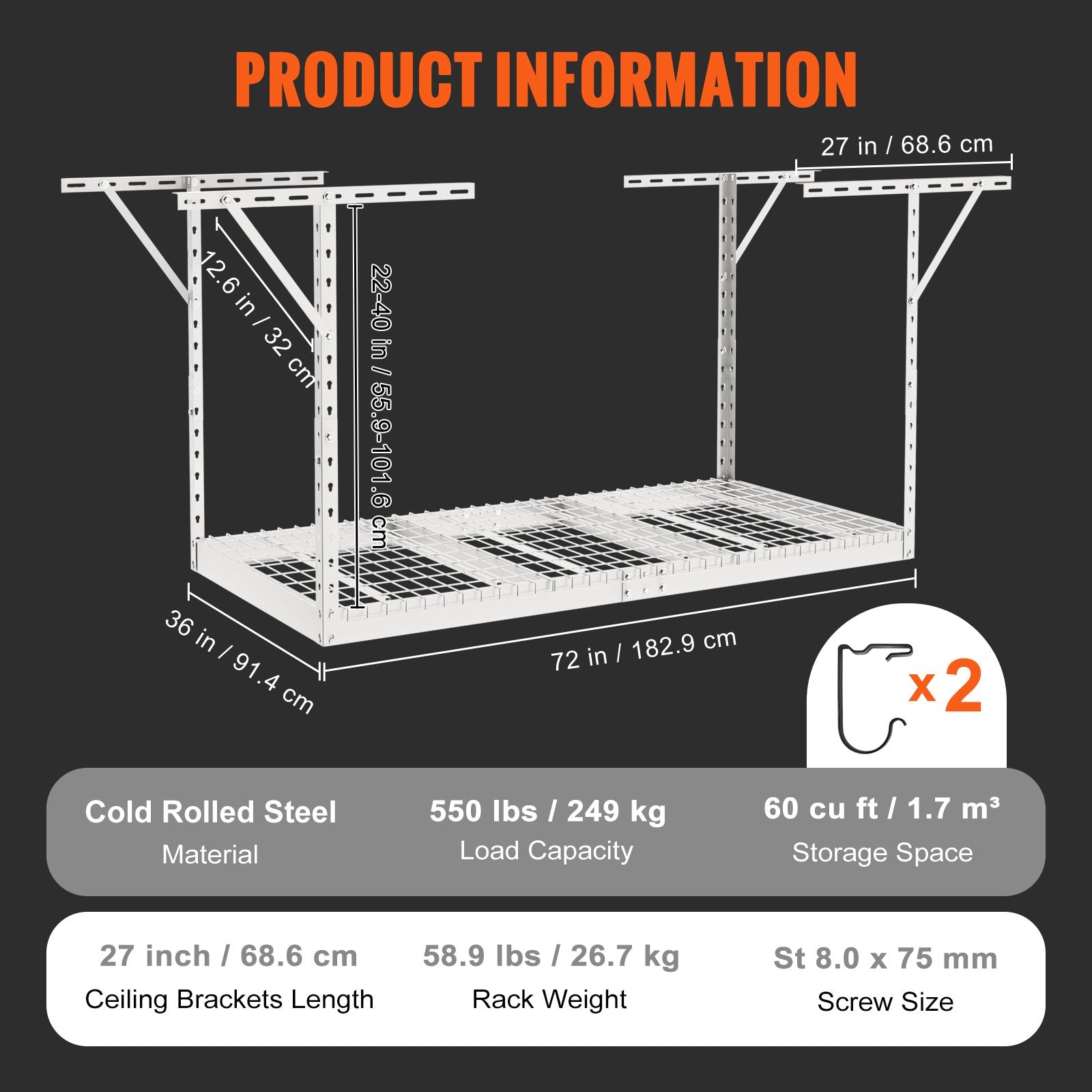 Overhead Adjustable Garage Storage Rack 36x72in Ceiling Rack 550lbs White V952-CKTHBCWJZBS36XGFYV0