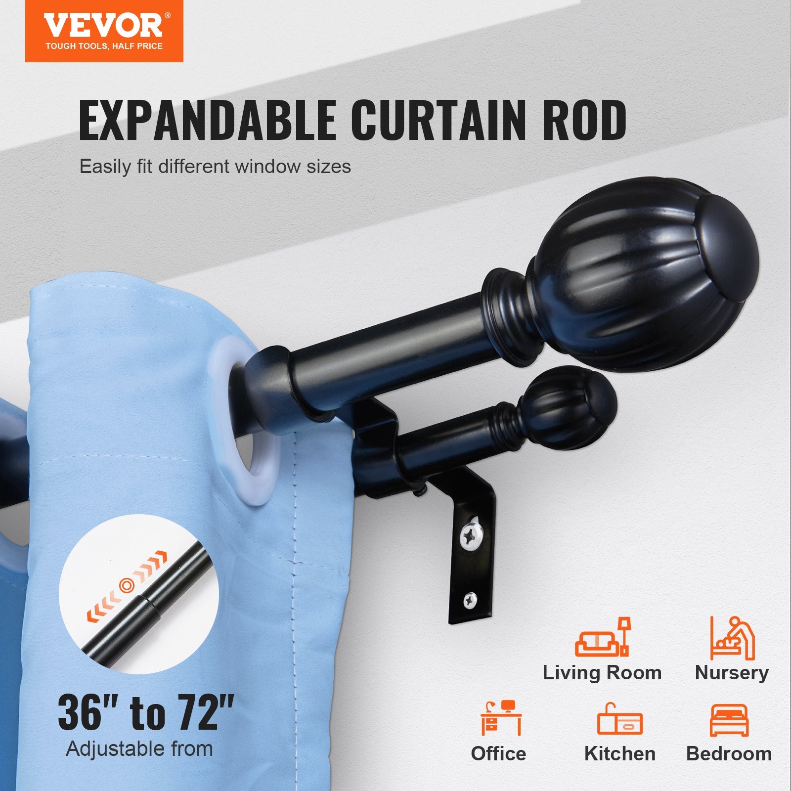 Double Rod Curtain Rods, 36-72 inches(3-6ft) Adjustable Length, Black Double Curtain Rods with Round Finials, V952-CLG3672INCHYCGJYLV0