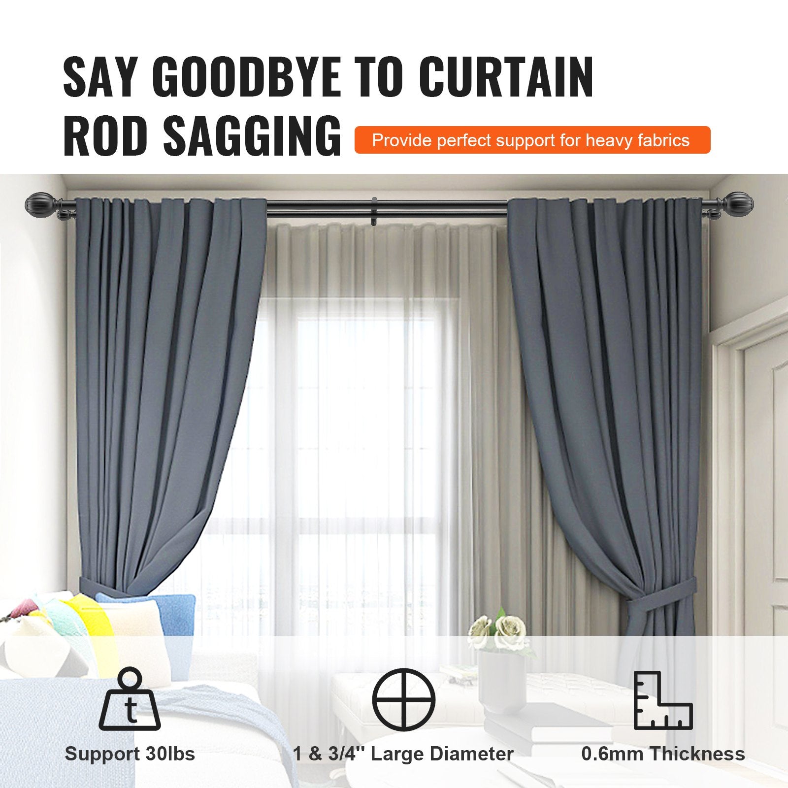 Double Rod Curtain Rods, 36-72 inches(3-6ft) Adjustable Length, Black Double Curtain Rods with Round Finials, V952-CLG3672INCHYCGJYLV0