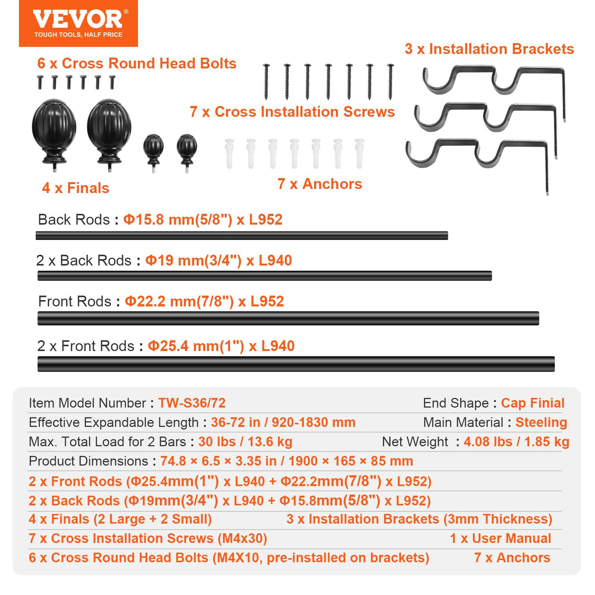 Double Rod Curtain Rods, 36-72 inches(3-6ft) Adjustable Length, Black Double Curtain Rods with Round Finials, V952-CLG3672INCHYCGJYLV0