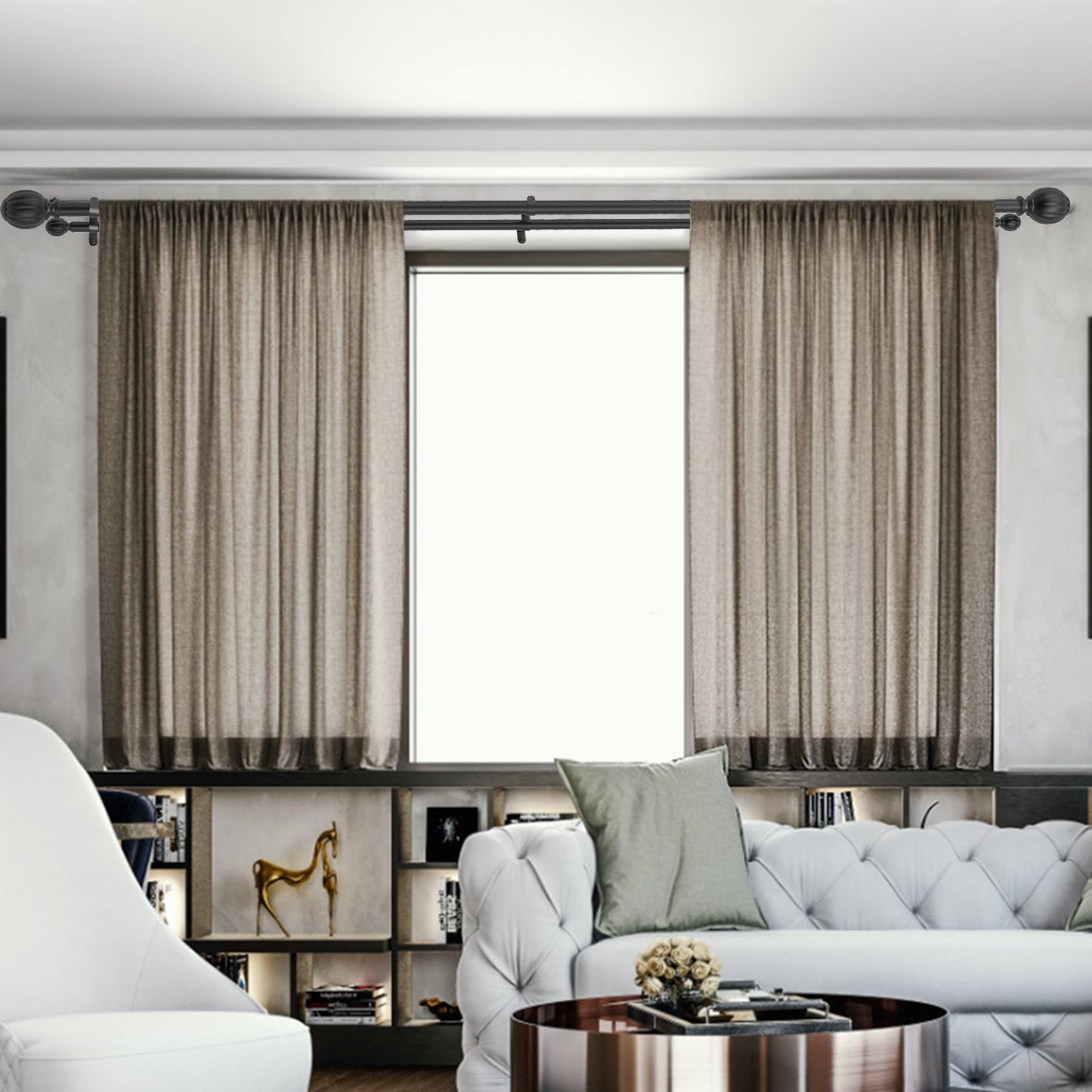 Double Rod Curtain Rods, 36-72 inches(3-6ft) Adjustable Length, Black Double Curtain Rods with Round Finials, V952-CLG3672INCHYCGJYLV0