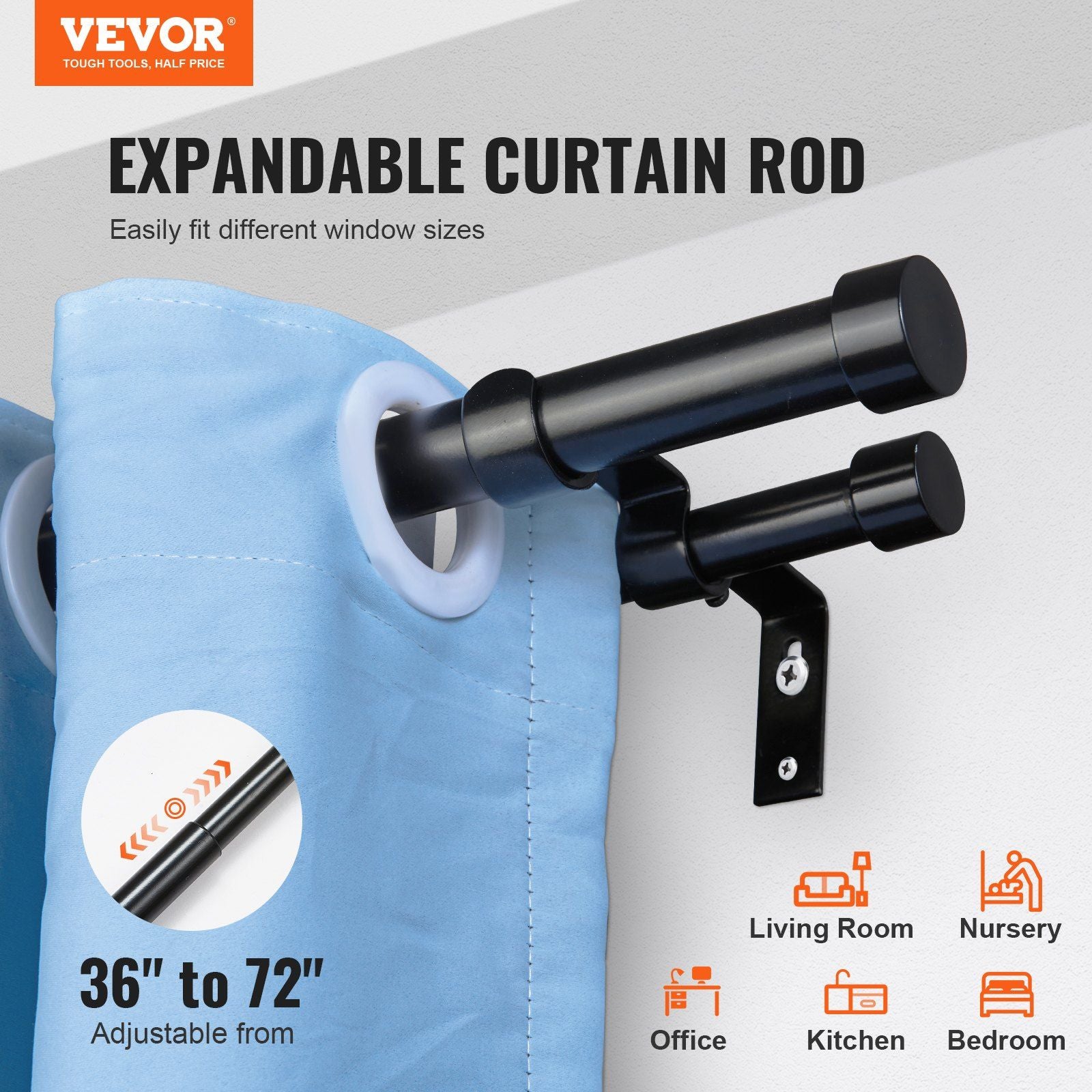 Double Rod Curtain Rods, 36-72 inches(3-6ft) Adjustable Length, Black Double Curtain Rods with Cap Finials, V952-CLG3672INCHYSMRE8V0