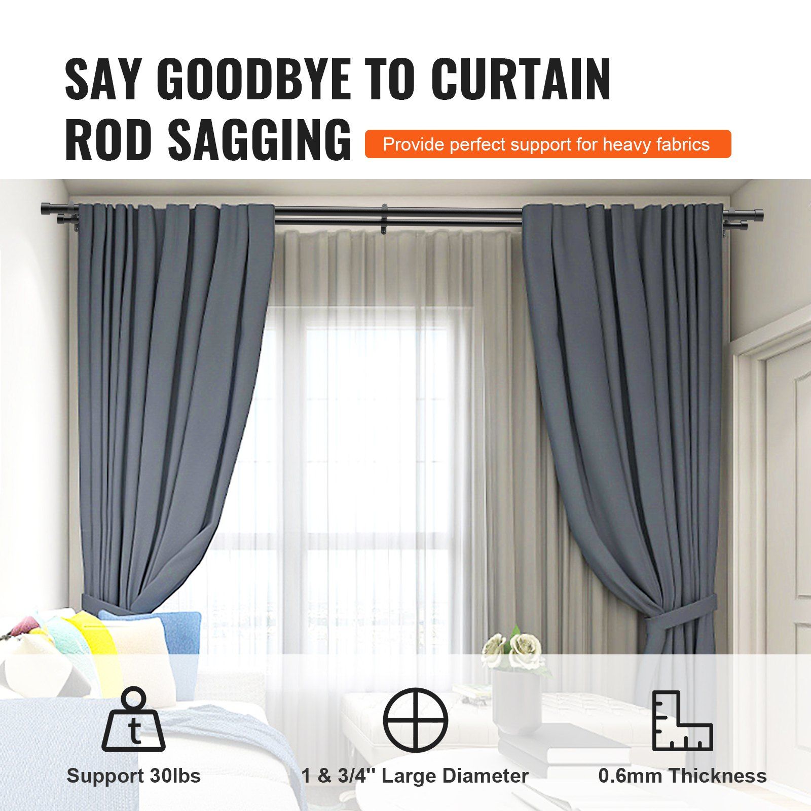 Double Rod Curtain Rods, 36-72 inches(3-6ft) Adjustable Length, Black Double Curtain Rods with Cap Finials, V952-CLG3672INCHYSMRE8V0