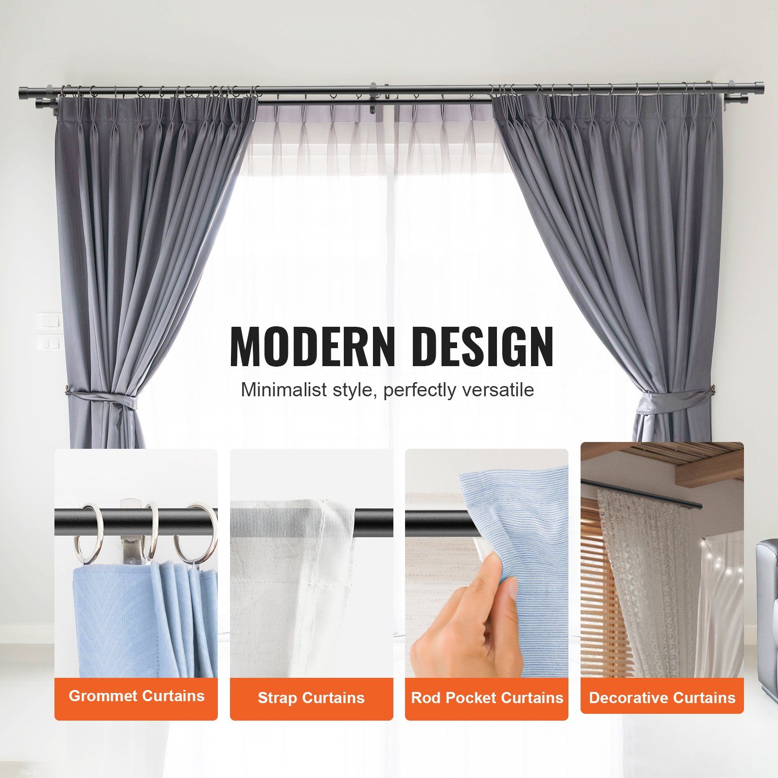 Double Rod Curtain Rods, 36-72 inches(3-6ft) Adjustable Length, Black Double Curtain Rods with Cap Finials, V952-CLG3672INCHYSMRE8V0