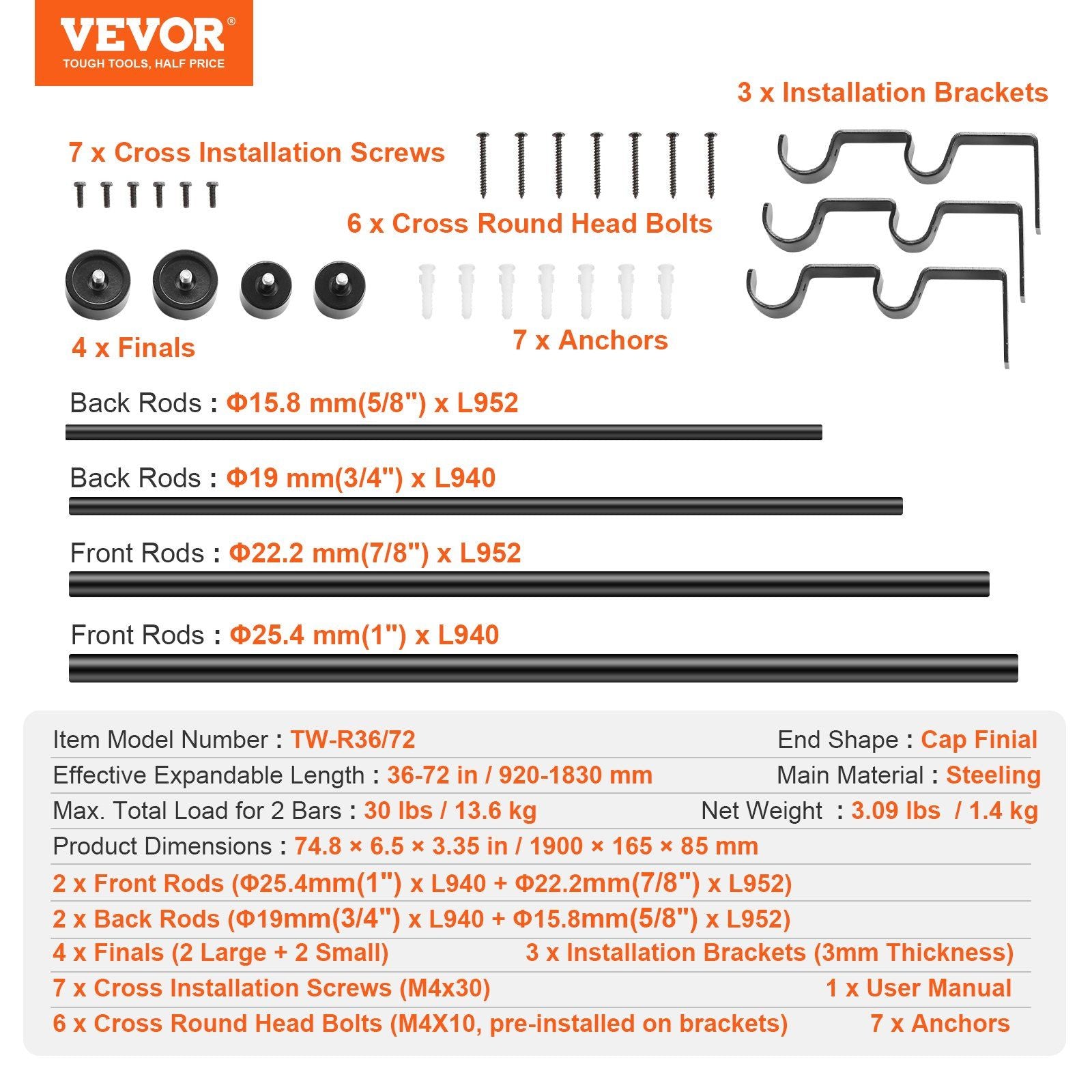 Double Rod Curtain Rods, 36-72 inches(3-6ft) Adjustable Length, Black Double Curtain Rods with Cap Finials, V952-CLG3672INCHYSMRE8V0