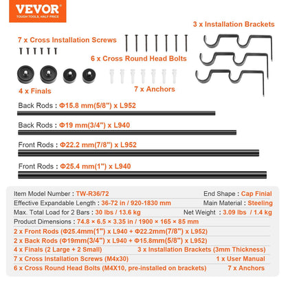 Double Rod Curtain Rods, 36-72 inches(3-6ft) Adjustable Length, Black Double Curtain Rods with Cap Finials, V952-CLG3672INCHYSMRE8V0