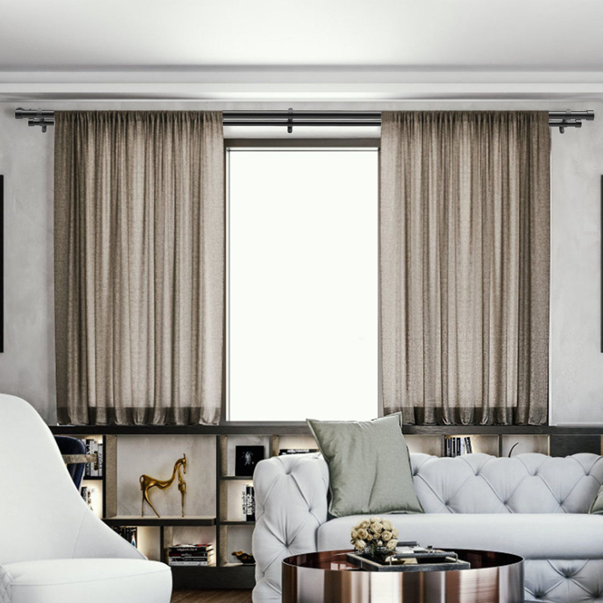 Double Rod Curtain Rods, 36-72 inches(3-6ft) Adjustable Length, Black Double Curtain Rods with Cap Finials, V952-CLG3672INCHYSMRE8V0