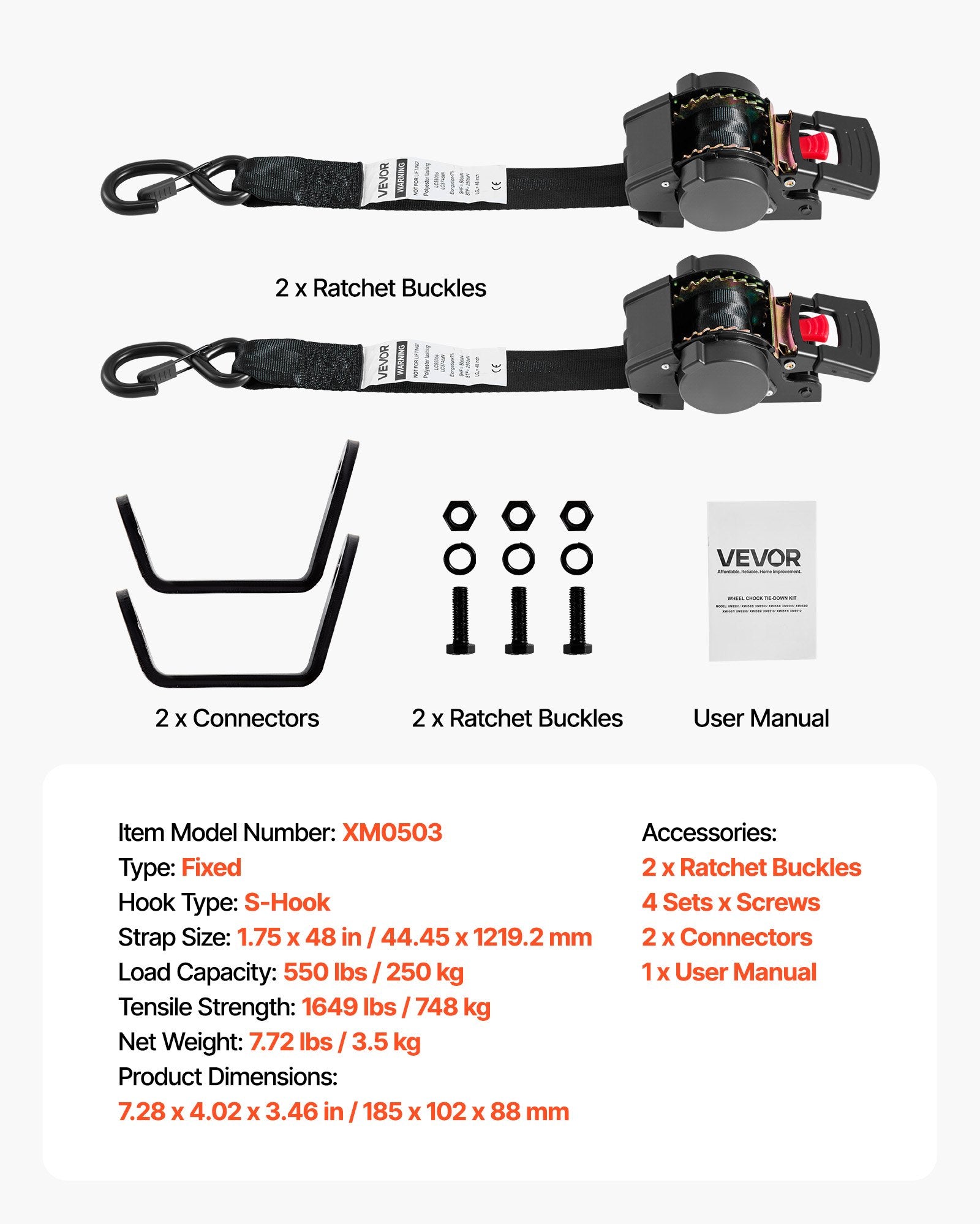 Wheel Chock Tie-Down Kit, Fixed Trailer Tie Down Strap, Car Tie Down Kit with S-Hook, Break Strength 748 kg & V952-CLJGTJ2GDSSXOFYCV001V0