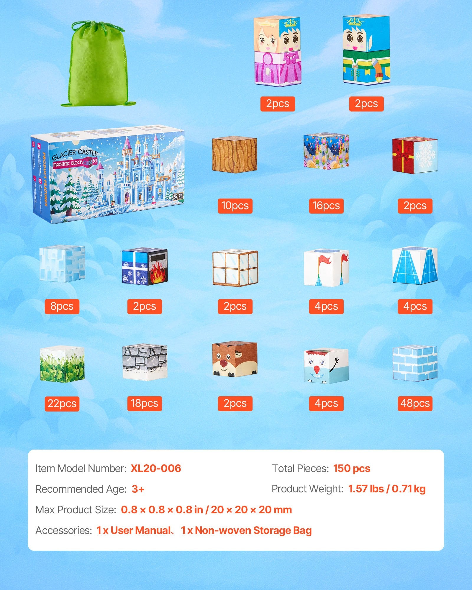 Magnetic Blocks, 150 PCS Glacier Castle Set, Magnetic Building Cubes for Kids, STEM Montessori Sensory Toys V952-CLKGNBBCCB10KYF3L001V0