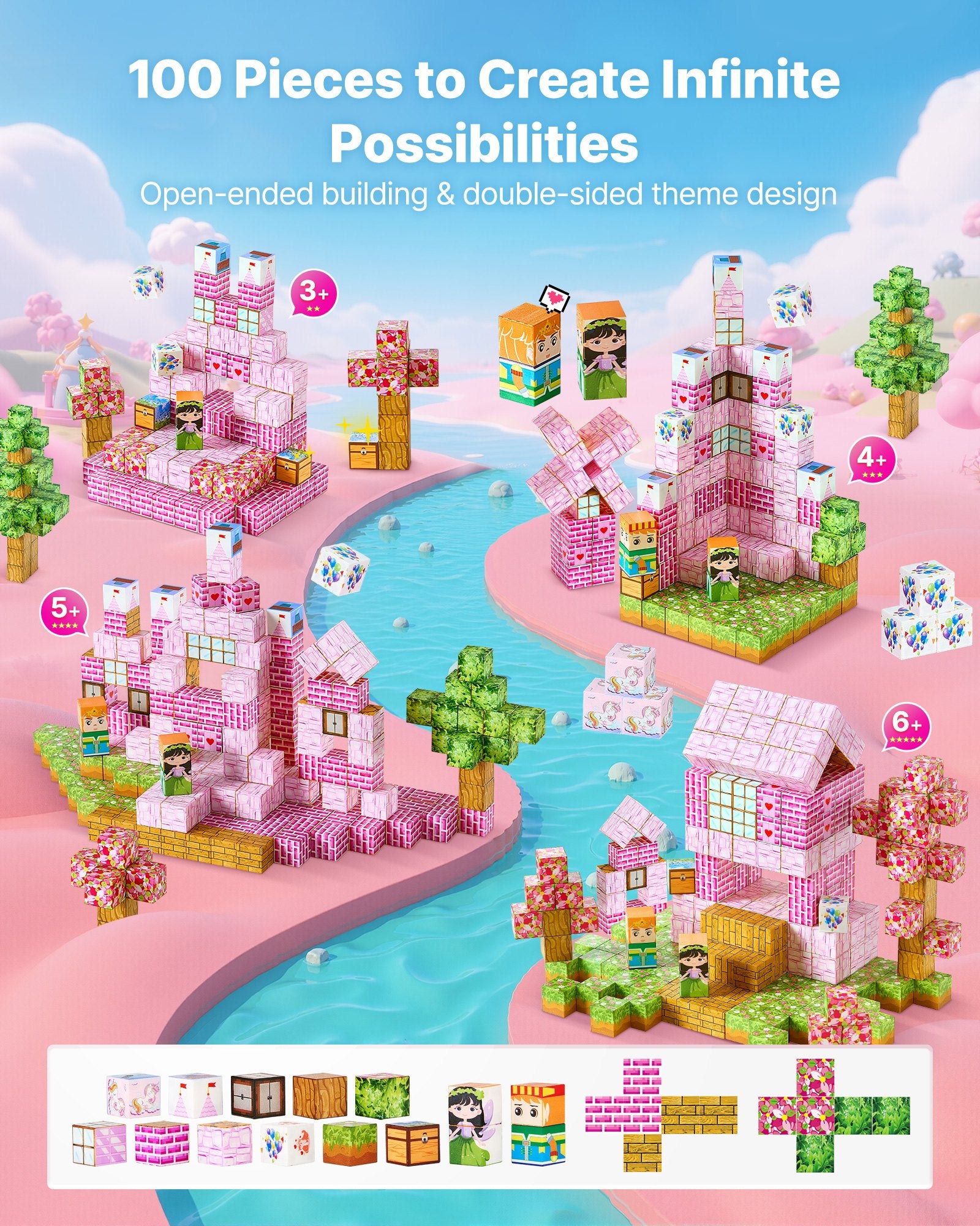 Magnetic Blocks, 100 PCS Princess Castle Set, Magnetic Building Cubes for Kids, STEM Montessori Sensory Toys V952-CLKGNBGZCB10F2AVW001V0