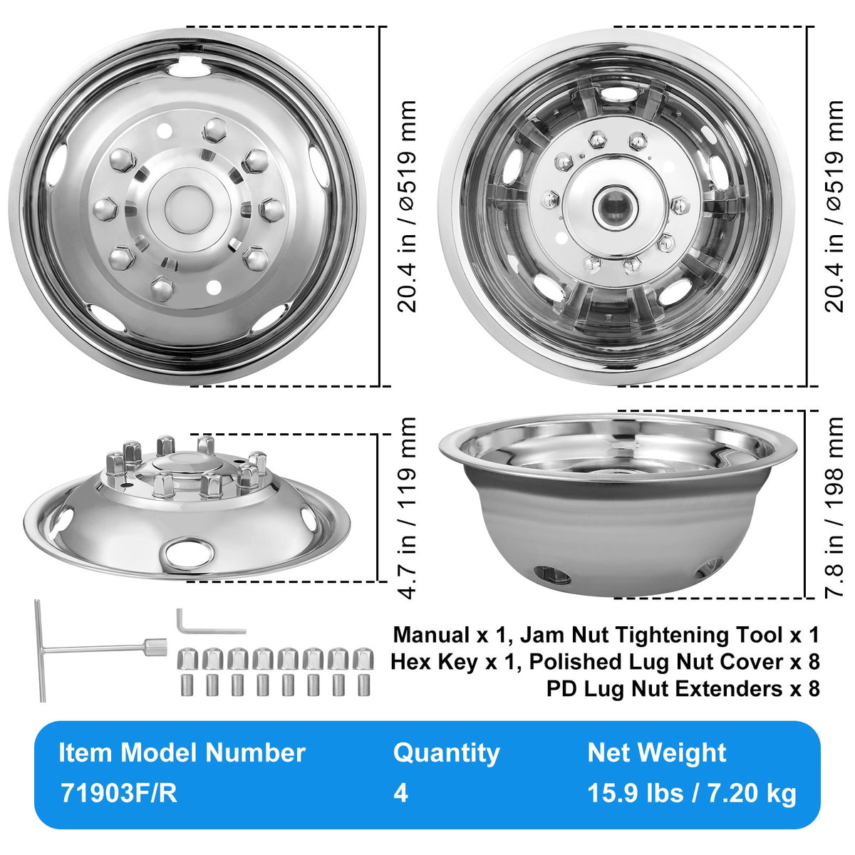 50cm 8 Lug Wheel Simulators, 304 Stainless Steel Wheel Simulator Kit with Mirror Polished Finish, 2 Front and V952-CLMNQ195YC4P6TQSZV0