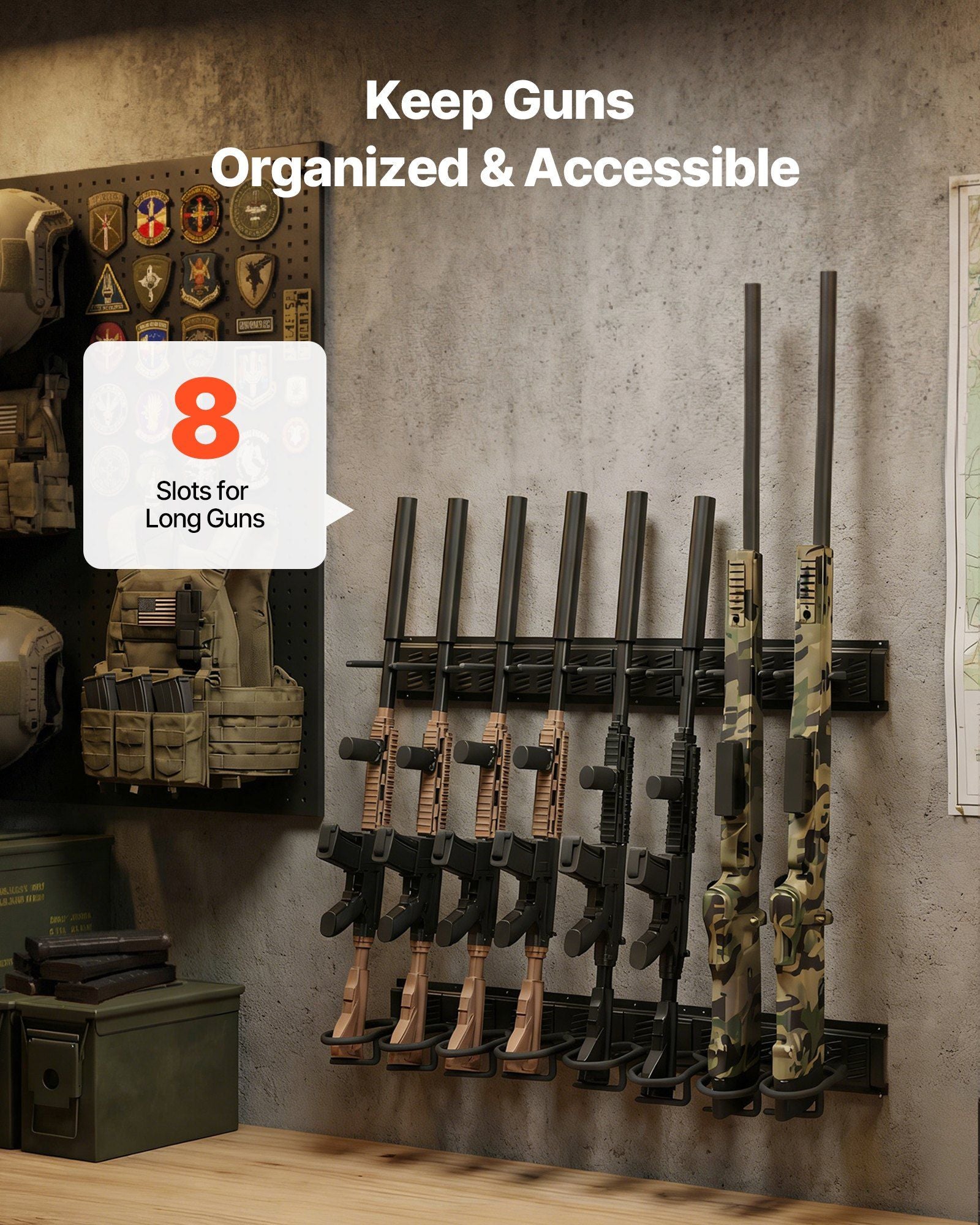 Indoor Gun Rack, Heavy Duty Steel, Wall Mount Rifle and Shotgun Rack, 8 Slots for Long Guns, Gun Display V952-CLQJJS8QW0007B6X8001V0