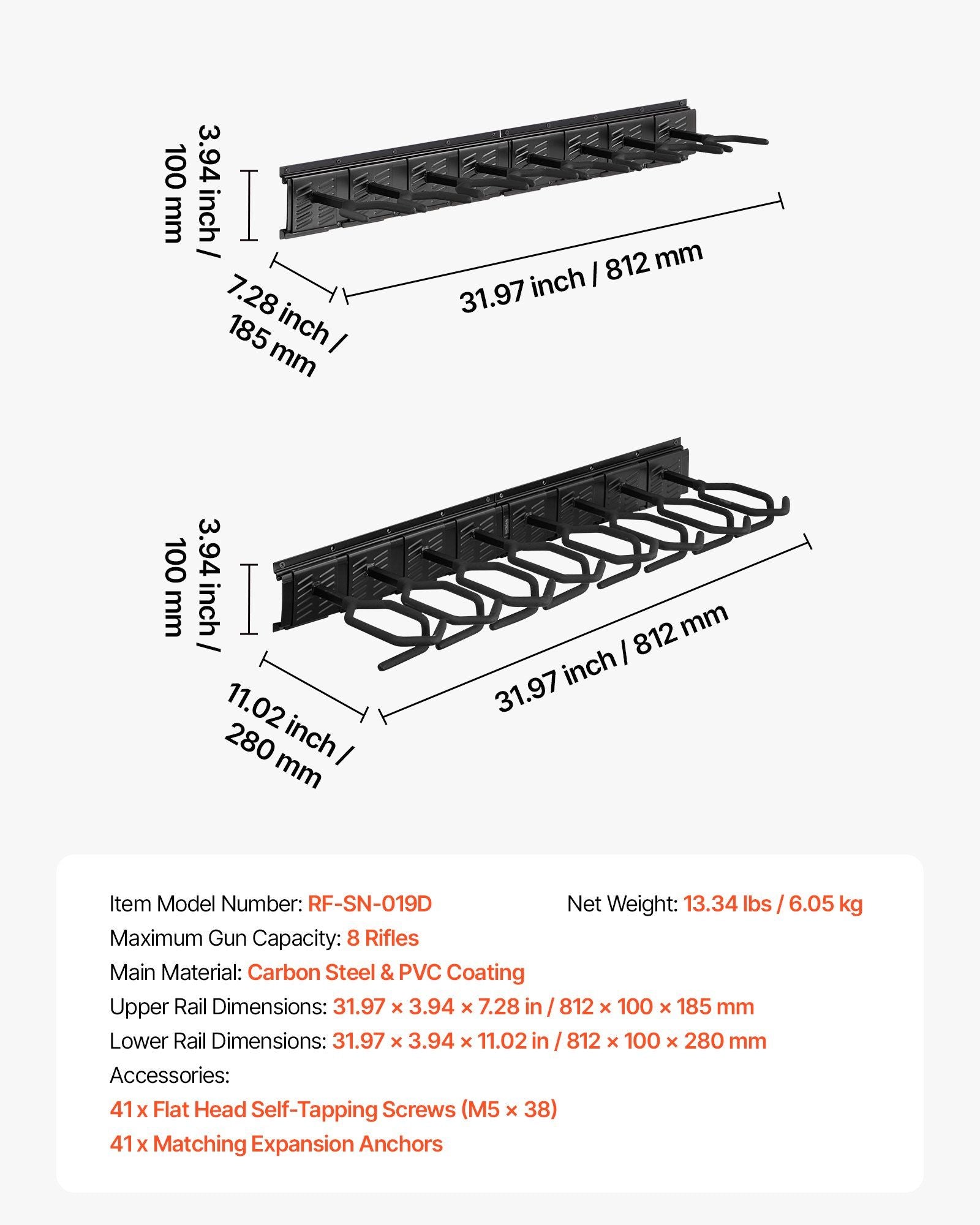 Indoor Gun Rack, Heavy Duty Steel, Wall Mount Rifle and Shotgun Rack, 8 Slots for Long Guns, Gun Display V952-CLQJJS8QW0007B6X8001V0