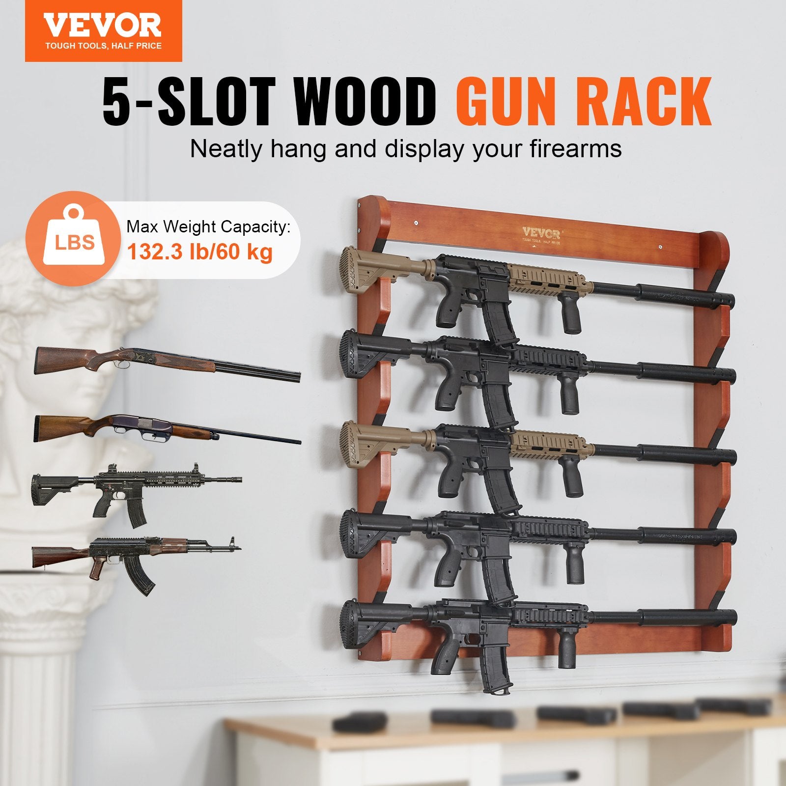 Gun Rack, Wood Gun Rack Wall Mount, Gun Display Rack holds 5 Rifles, Shotguns, 132 lb Heavy Duty Wall Storage V952-CLQJMZ000000PBDYFV0
