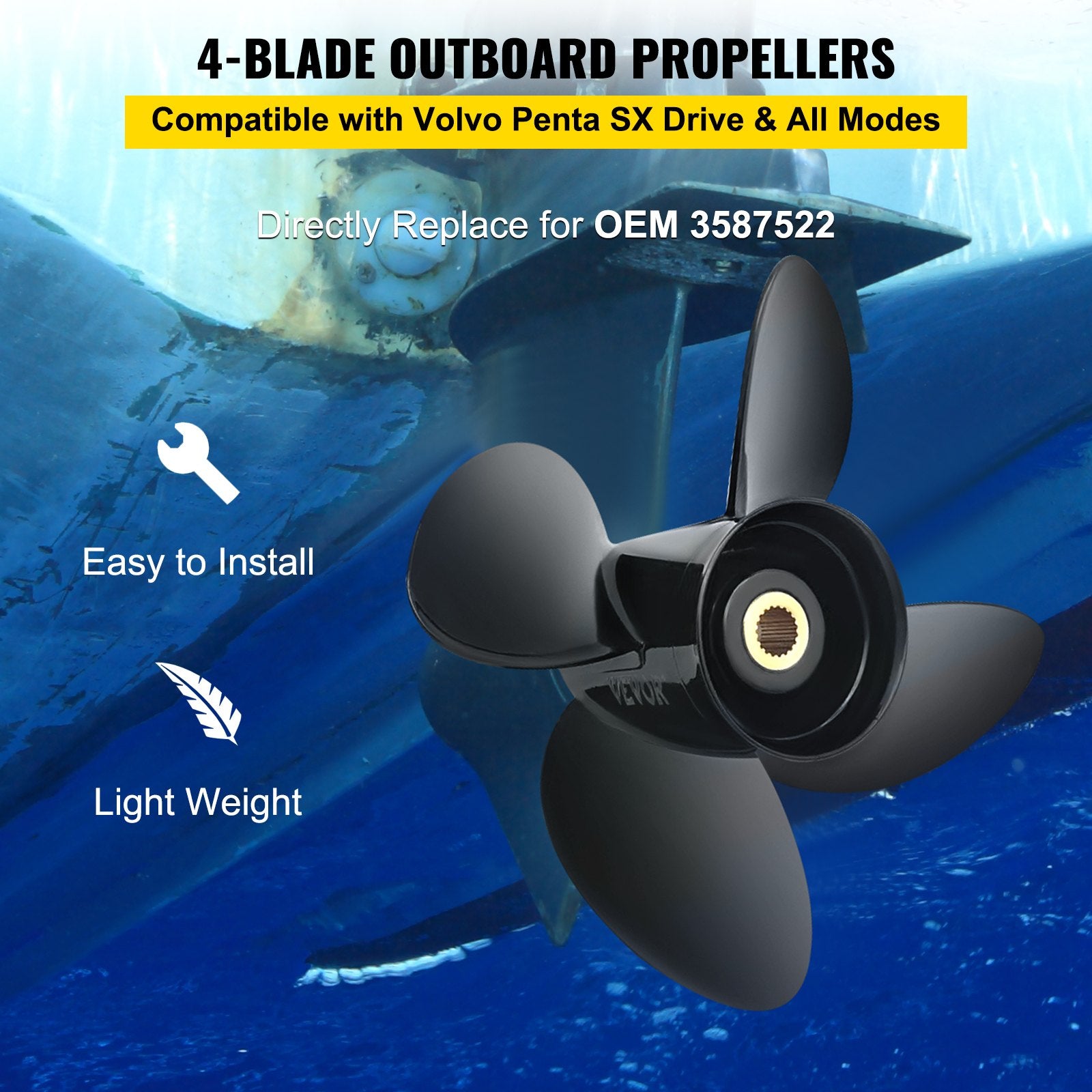 Outboard Propeller, Replace for OEM 3587522, 4-Blade 14 1/4"" x 19"" Pitch Aluminium Boat Propeller, V952-CLXJH41414X19DFBXV0