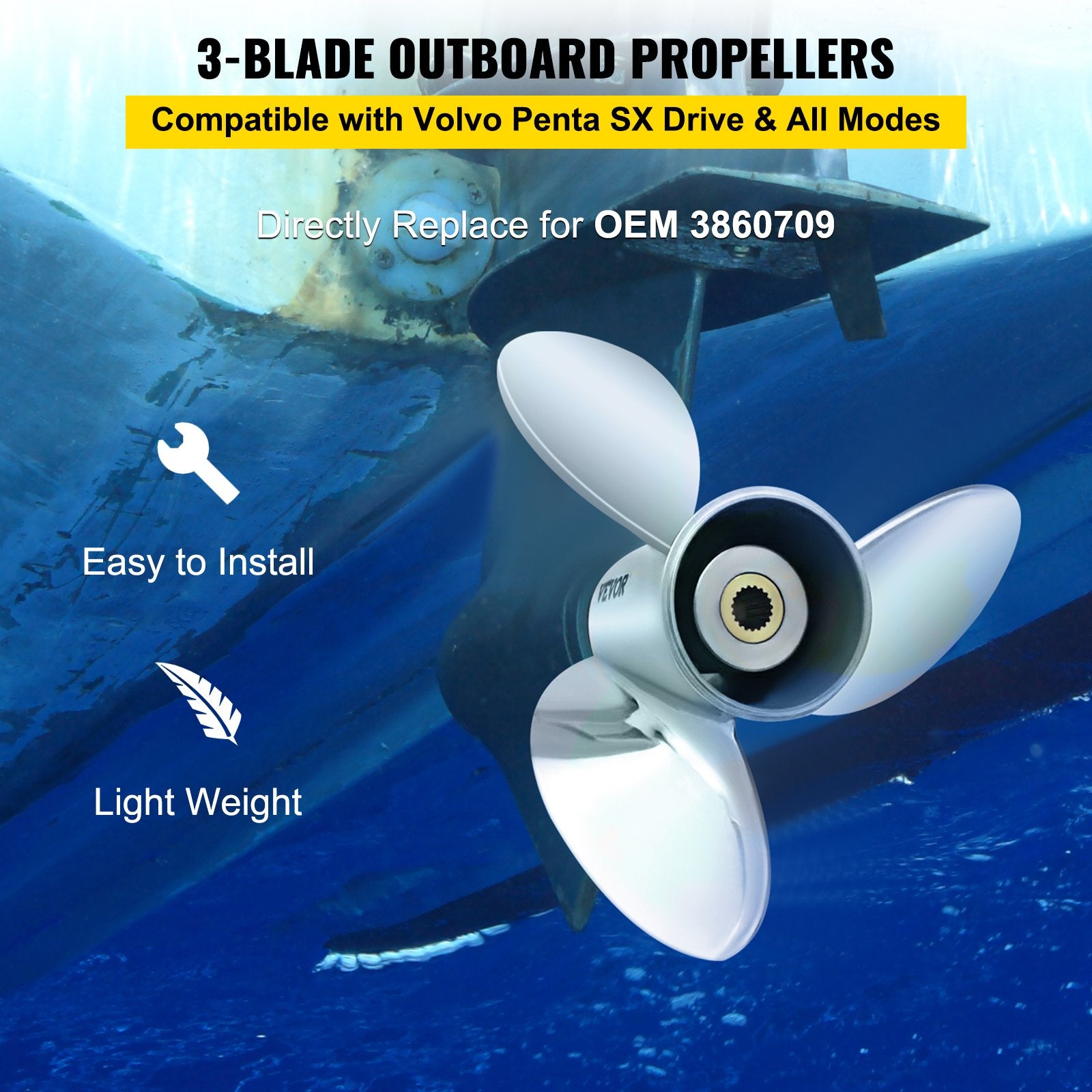 Outboard Propeller, Replace for OEM 3860709, 3-Blade 14.5"" x 21"" Pitch Steel Boat Propeller, Compatible V952-CLXJY31412X211DRFV0