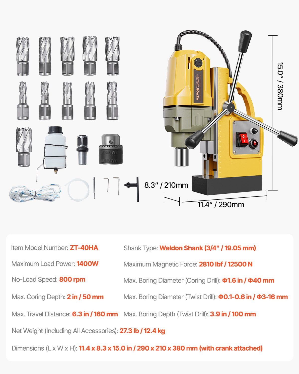 Magnetic Drill, 1400W Motor 1.6 in Boring Diameter, 2810 lbf Portable Electric Mag Drill Press, with 11 V952-CLZJP11J40MMIQMACV3