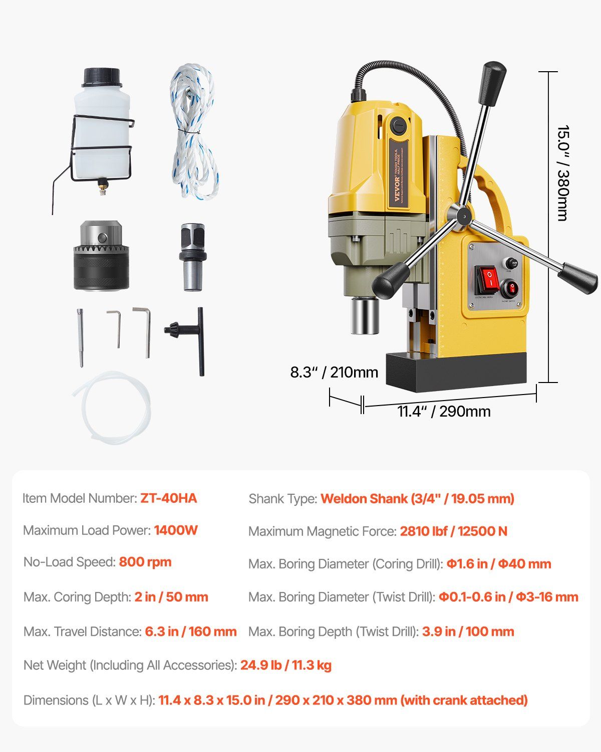 Magnetic Drill, 1400W Motor 1.6 in Boring Diameter, 2810 lbf Portable Electric Mag Drill Press, 800 RPM V952-CLZJPDJ40MMKUHBJ6V3