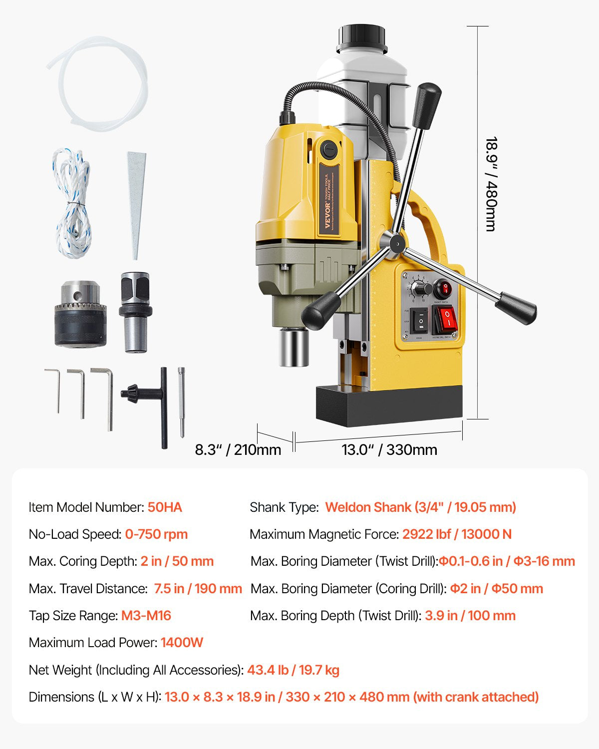 Magnetic Drill, 1400W Motor 2 in Boring Diameter, 2922 lbf Portable Electric Mag Drill Press, 0-750 RPM V952-CLZJPDJ50MMM8SYP4V3
