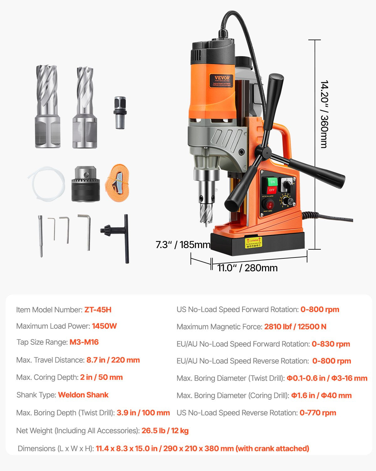 Magnetic Drill, 1450W Motor 1.6 in Boring Diameter, 2810 lbf Portable Electric Mag Drill Press, with 2 Coring V952-CLZTJ2J40MMMO8WSCV3