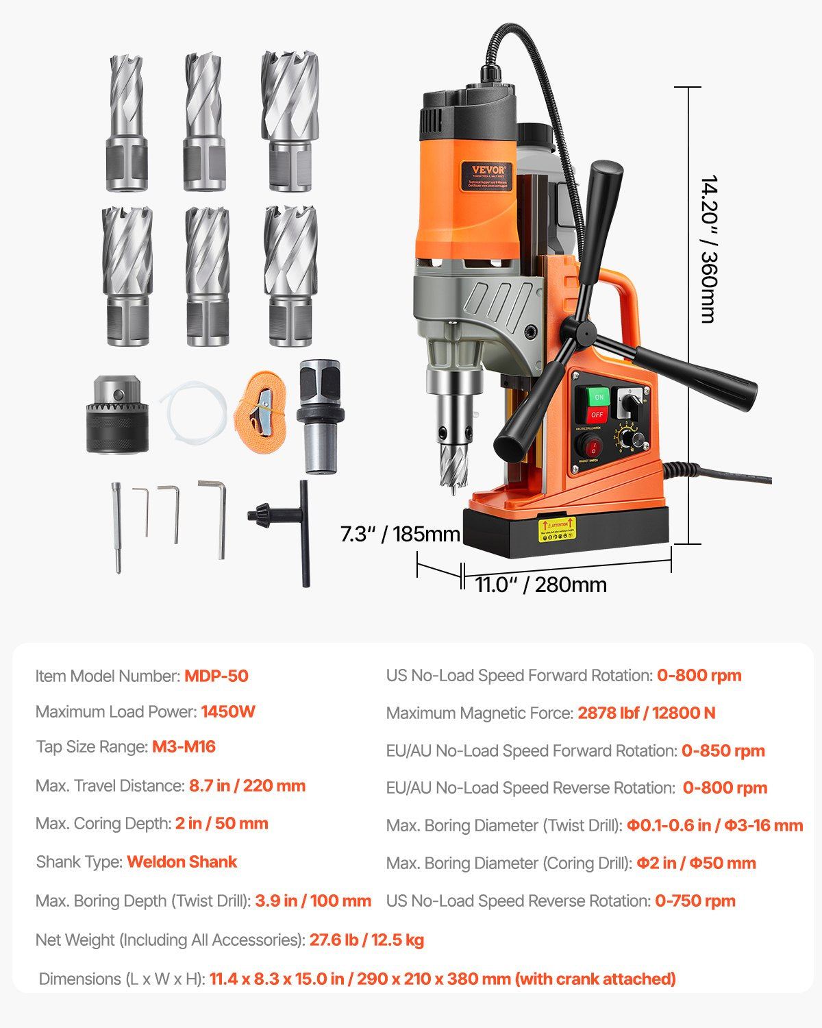 Magnetic Drill, 1450W Motor 2 in Boring Diameter, 2878 lbf Portable Electric Mag Drill Press, with 6 Coring V952-CLZTJ6JT50MMO3WWGV3