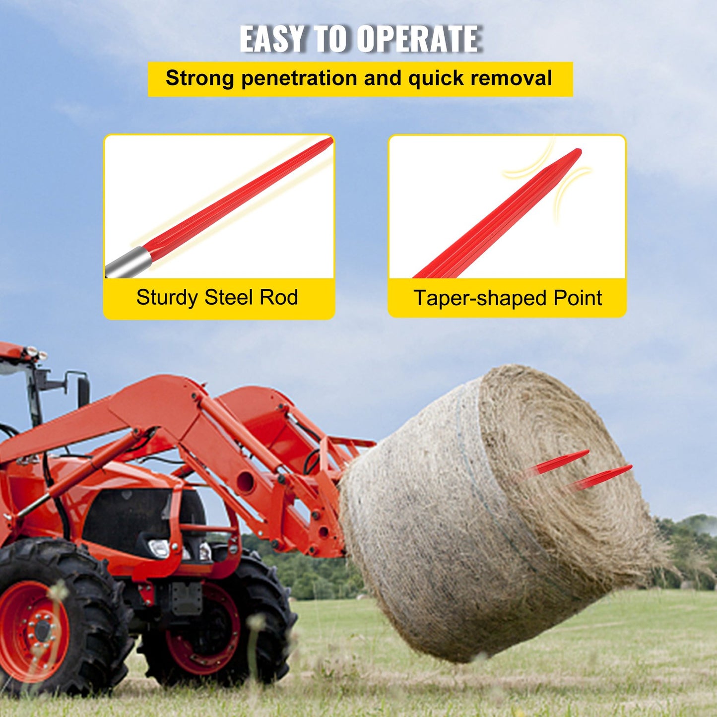 Hay Spear 32" Bale Spear 1350 lbs Capacity, Bale Spike Quick Attach Square Hay Bale Spears 1.4" Wide, Red V952-CM36X810-1350HS01V0