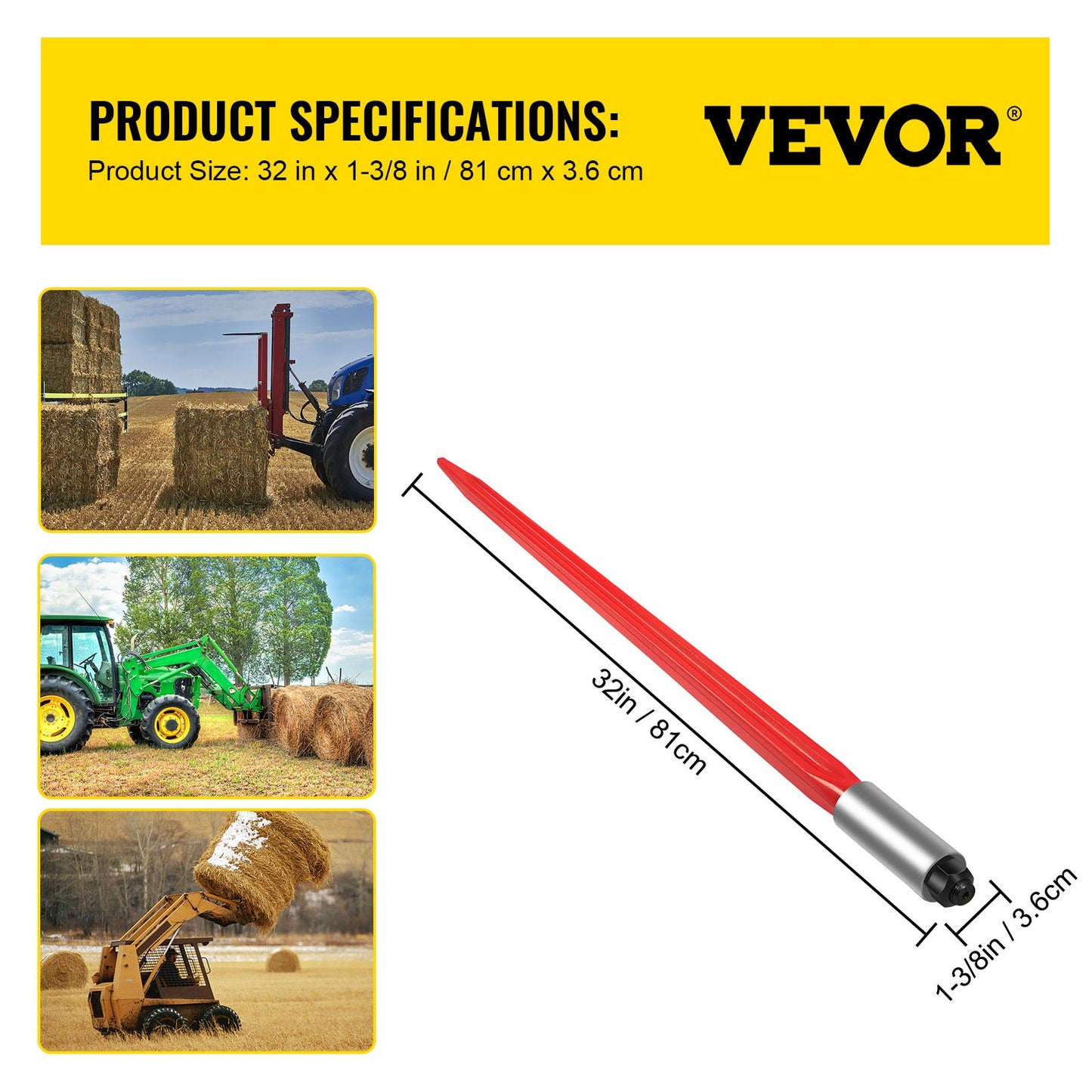 Hay Spear 32" Bale Spear 1350 lbs Capacity, Bale Spike Quick Attach Square Hay Bale Spears 1.4" Wide, Red V952-CM36X810-1350HS01V0