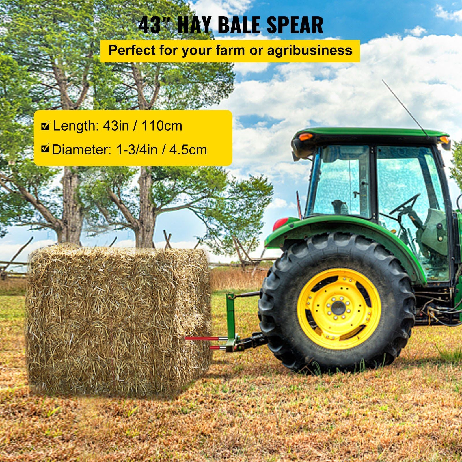 Pair Hay Spear 43" Bale Spear 3000 lbs Capacity, Bale Spike Quick Attach Square Hay Bale Spears 1 3/4", Red V952-CM45X1100-30002PCV0