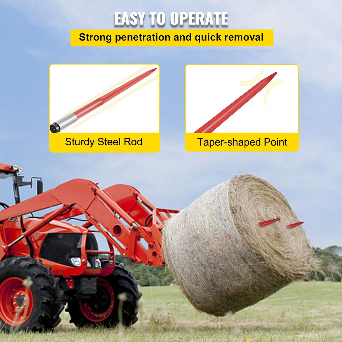Pair Hay Spear 43" Bale Spear 3000 lbs Capacity, Bale Spike Quick Attach Square Hay Bale Spears 1 3/4", Red V952-CM45X1100-30002PCV0