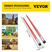 Pair Hay Spear 43" Bale Spear 3000 lbs Capacity, Bale Spike Quick Attach Square Hay Bale Spears 1 3/4", Red V952-CM45X1100-30002PCV0