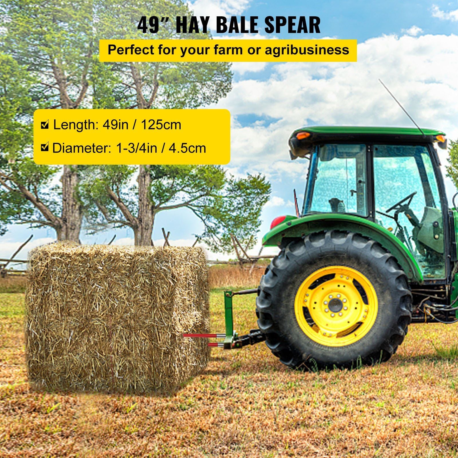 Pair Hay Spear 49" Bale Spear 3000 lbs Capacity, Bale Spike Quick Attach Square Hay Bale Spears 1 3/4", Red V952-CM45X1250-30002PCV0