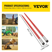 Pair Hay Spear 49" Bale Spear 3000 lbs Capacity, Bale Spike Quick Attach Square Hay Bale Spears 1 3/4", Red V952-CM45X1250-30002PCV0