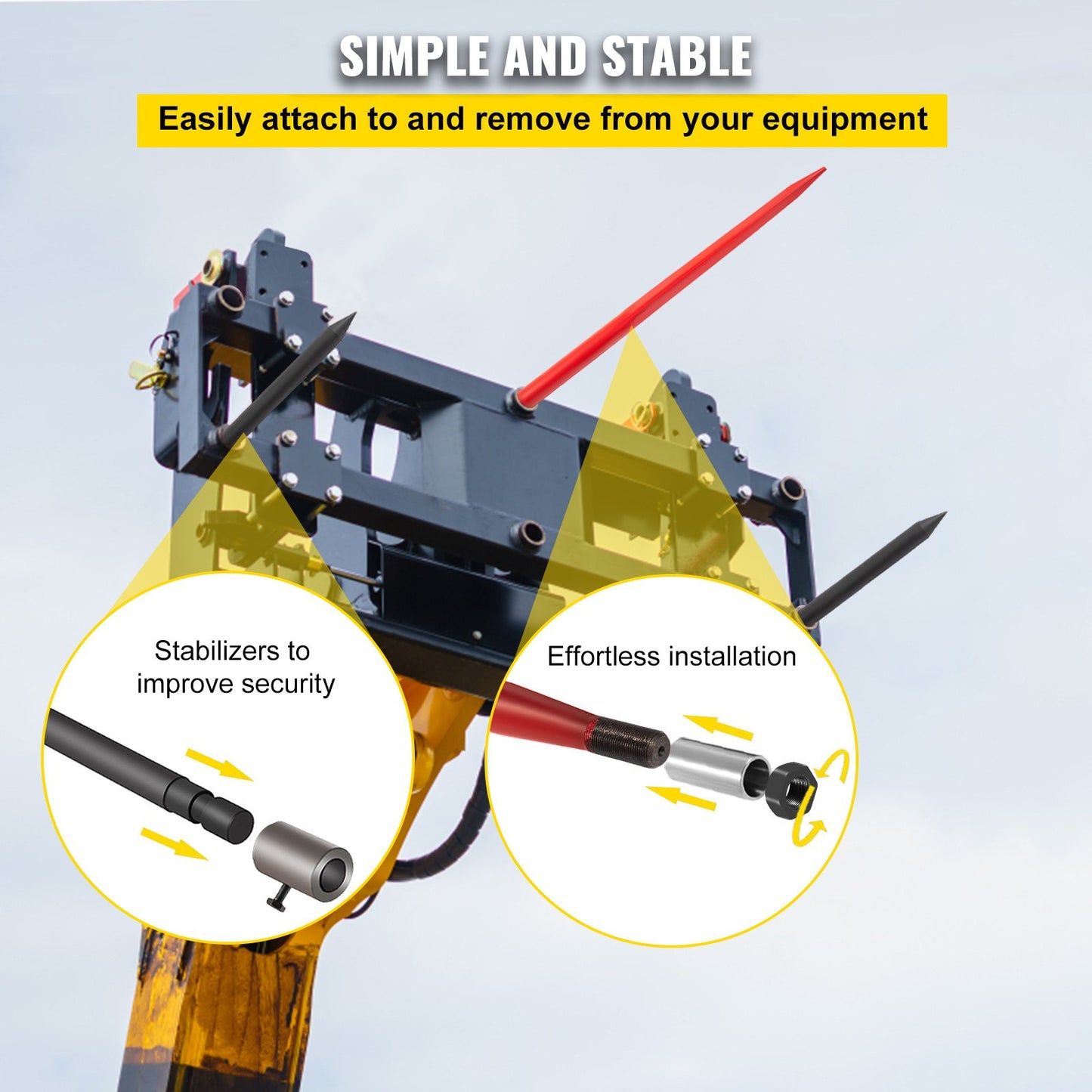 Hay Spear 49" Bale Spear 3000 lbs Capacity, Bale Spike Quick Attach Square Hay Bale Spears, Red Coated Bale V952-CM45X12503000DTT1V0
