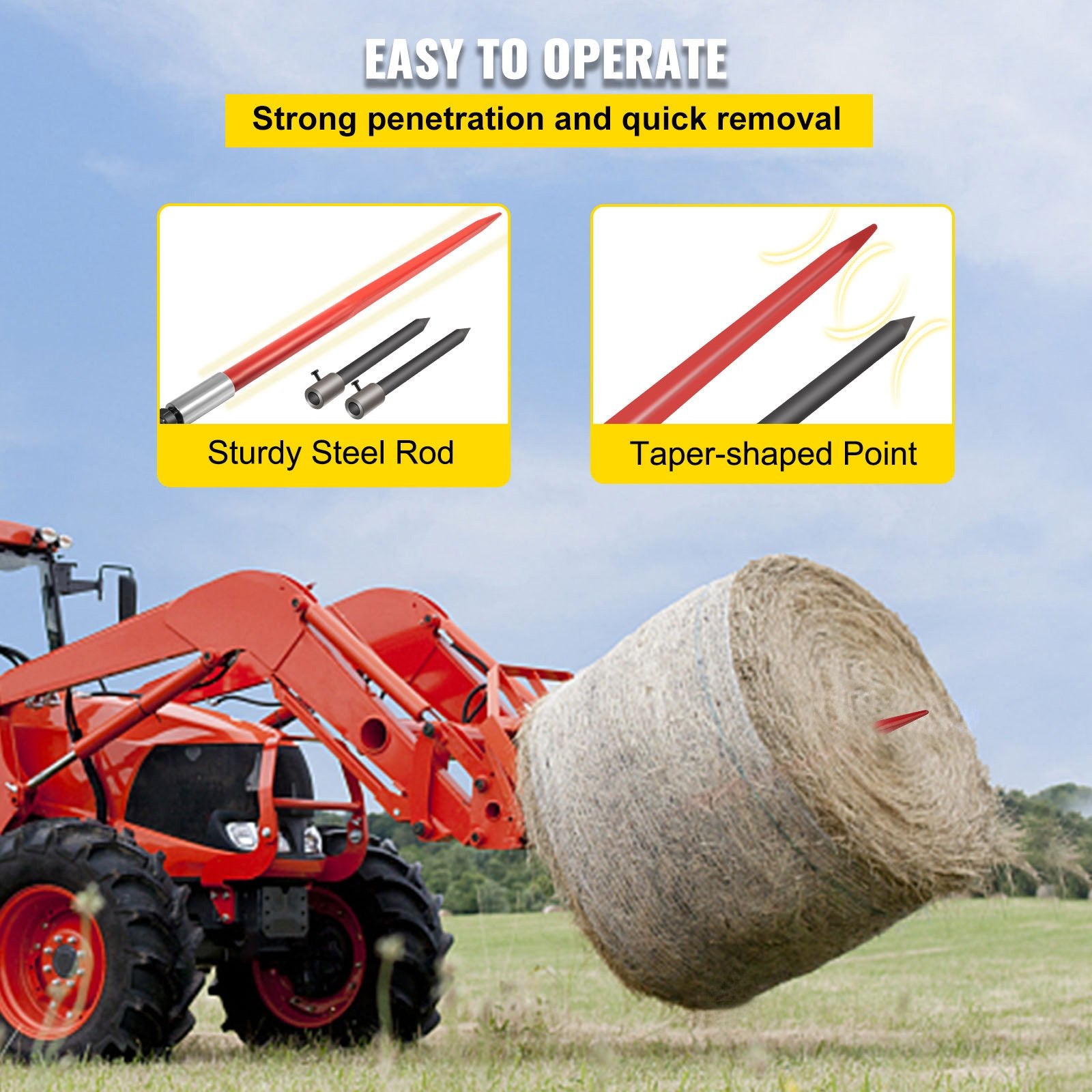 Hay Spear 49" Bale Spear 3000 lbs Capacity, Bale Spike Quick Attach Square Hay Bale Spears, Red Coated Bale V952-CM45X12503000DTT1V0