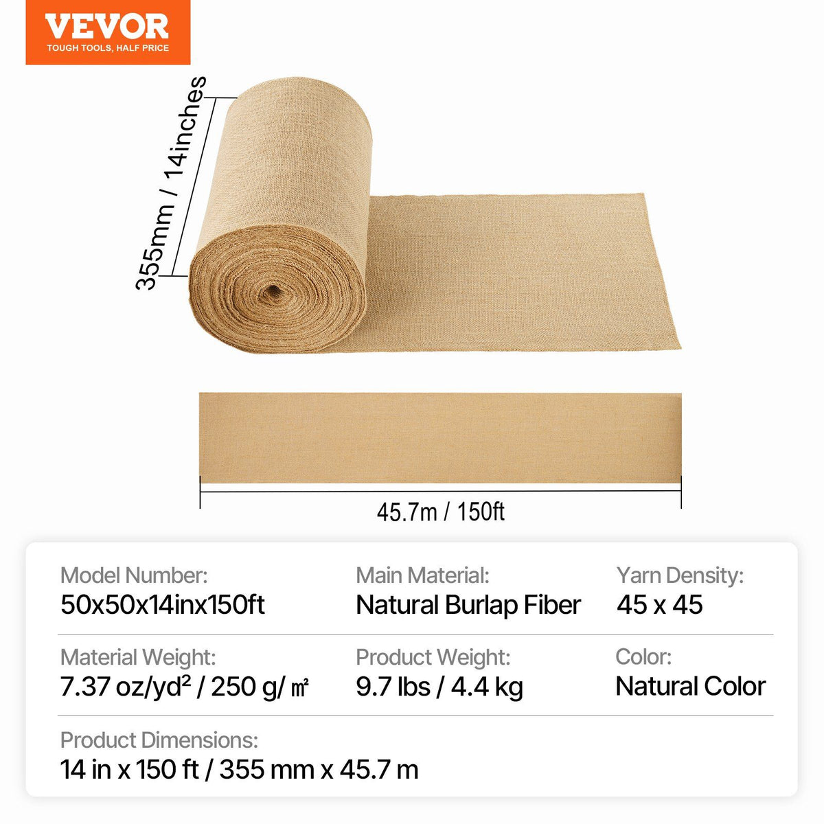 Burlap Fabric Roll, 355 mm x 45.7 m & 50 x 50 Density Wide Natural Burlap Fabric Rolls, Jute Fabric Burlap V952-CMBJ14INCHES3MBHIV0